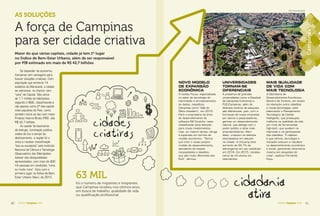 6160 AGENDA Campinas 2016AGENDA Campinas 2016 61AGENDA Campinas 2016
PERRI / DIVULGAÇÃO UNICAMP
cidadescidadescidadescidadescidades
criativas
cidades
criativas
cidades
AS SOLUÇÕES
A força de Campinas
para ser cidade criativa
Maior do que várias capitais, cidade já tem 1º lugar
no Índice de Bem-Estar Urbano, além de ser responsável
por PIB estimado em mais de R$ 42,7 bilhões
Se depender da economia,
Campinas tem vantagens para
buscar soluções criativas. Com
população que encheria 14
estádios do Maracanã, a cidade
se sobressai: no interior, tem
“cara” de Capital. São cerca
de 1,1 milhão de habitantes,
segundo o IBGE, classificando-a
não apenas como 2ª não-capital
mais populosa do País, como
também entre as dez com maior
Produto Interno Bruto (PIB): são
R$ 42,7 bilhões.
Ao avaliar fornecimento
de energia, iluminação pública,
coleta de lixo e tempo de
deslocamento, a região foi a
única a receber classificação
“boa ou excelente” pelo Instituto
Nacional de Ciência e Tecnologia
Observatório das Metrópoles.
Apesar das desigualdades
apresentadas, com mais de 400
mil pessoas em condições “ruins
ou muito ruins”, ficou com o
primeiro lugar no Índice de Bem-
Estar Urbano (Ibeu), de 2013. 63 MIL
foi o número de migrantes e imigrantes
que Campinas recebeu nos últimos anos,
em busca de trabalho, qualidade de vida
ou qualiﬁcação proﬁssional.
cidadania
ativavav
NOVO MODELO
DE EXPANSÃO
ECONÔMICA
A revista Focus, especializada
no setor de tecnologia de
informação e armazenamento
de dados, classiﬁcou
Campinas como “Vale do
Silício brasileiro”, em 2015.
Para o empresário da área
de desenvolvimento de
software Bill Coutinho, essa
classiﬁcação atrai atenção
para novos investimentos,
mas, ao mesmo tempo, obriga
à expansão em termos de
modelo econômico. “Temos
que criar o nosso próprio
modelo de desenvolvimento,
atendendo às nossas
necessidades e desaﬁos,
que são muito diferentes dos
EUA”, aﬁrmou.
UNIVERSIDADES
TORNAM-SE
DIFERENCIAIS
A presença de grandes
universidades como a Estadual
de Campinas (Unicamp) e
PUC-Campinas, além de
diversos centros de pesquisa,
são diferenciais, pois, com a
formação de novas empresas
por alunos e pesquisadores,
gera-se um desenvolvimento
natural, que dialoga com o
poder público e atrai mais
empreendedores. Além
disso, crescem os talentos
interessados em estudar
na cidade. A Unicamp teve
aumento de 84,7% de
estrangeiros em seu vestibular
em 2016. Em 2015, recebeu
cerca de mil alunos em
intercâmbio.
MAIS QUALIDADE
DE VIDA COM
MAIS TECNOLOGIA
A Secretaria de
Desenvolvimento Econômico,
Social e de Turismo, em busca
de interação entre cidadãos
e novas tecnologias, está
elaborando o Planejamento
Tecnológico de Cidade
Inteligente, que pressupõe
melhoria na qualidade de vida
por meio de ferramentas
high-tech, que auxiliam na
interação e na participação
dos cidadãos. “O objetivo
é que ciência, tecnologia e
inovação evoluam e resultem
no desenvolvimento econômico
e social, garantindo dinamismo
mesmo em situações de
crise”, explicou Fernando
Pupo.
CampinasCampinasCampinasppppppCmmmmmmmmmmmmmmmppmmmmppmmppmmppmppppppnaaanaaannaannaaCCCCCCCCCCCCCCCCCCCCCCCCCCCCCCCCaaasaaaaaaaaaaaaaaaaaaaaaasaaaasssasssasssasssasasasssasssmmmmmppppnnnnnnnnnnnnnnnnnnnnnnnpppppppppppppppppppppppppnnnnnnnnnpinpinpinpiniipppppppipipipiinninininiininininiiiiiCCCCCCCCCCCCCiiiiiiiiiiiiiiiiiiiiiiiiiiiiiiiiiiiiiiiiiiiiiiiiiiiiiiiiiiiiiiCamamaamaammmmmCCCCCCCCCCCCCCaCaaCaCaCCCCamamamammmmmaaaaaCaCampinas
 