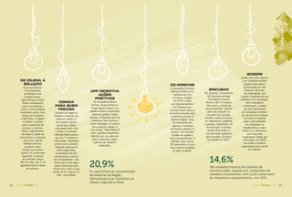 62 AGENDA Campinas 2016 63AGENDA Campinas 201662 AGENDA Campinas 2016
DO DILEMA À
SOLUÇÃO
Ao se conhecerem
na Universidade
de Stanford, nos
Estados Unidos,
Gabriel Braga e André
Penha conversaram
sobre seus dilemas e
criaram uma imobiliária
totalmente on-line. Com
imóveis em Campinas
e São Paulo, o objetivo
é facilitar o contato
entre prestadores de
serviços e usuários,
desde o agendamento
de visitas à análise de
documentos. A empresa
conta com rede de
aﬁliados (síndicos,
porteiros, entre
outros), que indicam
quando um imóvel está
disponível. O número
de contratos cresce
30% ao mês, com 2 mil
agendamentos de visitas
por semana.
APP INCENTIVA
AÇÕES
POSITIVAS
Os empresários Breno
Pinheiro, Bruno Pinheiro e
Thiago Vignoli criaram uma
plataforma para compartilhar
pequenos gestos e ações
positivas. O aplicativo permite
customizar dois bonecos e
enviar mensagem de carinho
para qualquer pessoa. A
nova versão, “Welo Fables of
Love”, permite compartilhar
histórias com um adicional:
enviar “presentes” pagos,
podendo ser doados a
instituições.
COMIDA
PARA QUEM
PRECISA
Cansado de chegar do
trabalho e ainda ter que
preparar o jantar ou
só encontrar opções
gordurosas, Rafael
Leite decidiu abrir, com
o irmão e a cunhada,
refeições balanceadas e
que, em 7 minutos no
micro-ondas, estivessem
prontos para consumo.
Utilizando a técnica de
ultracongelamento,
os alimentos não têm
conservantes e nenhum
item industrializado. “Tem
cliente que diz que agora
sobra mais tempo para
brincar com o ﬁlho ou que
perdeu de 5 a 7kg em um
mês”, conta Rafael.
20,9%
É o percentual de concentração
de indústria da Região
Administrativa de Campinas no
Estado, segundo a Fiesp
CO-WORKING
A Associação Campinas
Startups (ACS) é uma
entidade sem ﬁns
lucrativos, fundada
em 2010, criada
por empreendedores
de Campinas que
queriam trocar ideias e
encontrar soluções para
problemas comuns. O
objetivo é elevar o grau
de maturidade dos
negócios. A principal
ferramenta utilizada é o
co-work, com reuniões
focadas em gestão e
troca de experiências. A
ACS tem hoje mais de
35 associados e é uma
das primeiras iniciativas
do setor no Brasil.
SINCUBAD
Na Unicamp, a Incubadora
de Empresas de Base
Tecnológica (Incamp)
oferece, além do espaço
físico para a criação de
novas empresas, suporte
para que cheguem ao
mercado com sucesso.
Também realiza encontros
de capacitação, palestras
e eventos. Atualmente, há
16 empresas incubadas.
Quase 30 já estão no
mercado após passarem
pelo processo. A Incamp
foi fundada em 2001.
SCOOPE
Investir em novos negócios
e em cidadania também
signiﬁca estar atento
às demandas do meio
ambiente. Para isso,
as cooperativas, que
reúnem trabalhadores que
trabalham com reciclagem,
têm importância
fundamental, à medida
que são responsáveis
por empregos e também
por garantir que milhares
de quilos de materiais
sejam reaproveitados.
Em Campinas, os
trabalhadores contam
ainda com a Reciclamp,
que reúne seis
cooperativas. Desde que
foi fundada, em 2008,
ela auxilia e fortalece
negociações para a venda
de materiais.
14,6%
São estabelecimentos da indústria de
transformação, seguido por confecções de
vestuário e acessórios, com 11,1% e pelo setor
de máquinas e equipamentos, com 9,1%.
CampinasCampinasCampinasppppppCmmmmmmmmmmmmmmmppmmmmppmmppmmppmppppppnaaanaaannaannaaCCCCCCCCCCCCCCCCCCCCCCCCCCCCCCCCaaasaaaaaaaaaaaaaaaaaaaaaasaaaasssasssasssasssasasasssasssmmmmmppppnnnnnnnnnnnnnnnnnnnnnnnpppppppppppppppppppppppppnnnnnnnnnpinpinpinpiniipppppppipipipiinninininiininininiiiiiCCCCCCCCCCCCCiiiiiiiiiiiiiiiiiiiiiiiiiiiiiiiiiiiiiiiiiiiiiiiiiiiiiiiiiiiiiiCamamaamaammmmmCCCCCCCCCCCCCCaCaaCaCaCCCCamamamammmmmaaaaaCaCampinas
 
