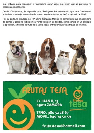 que trabajar para conseguir el "abandono cero", algo que creen que el proyecto no
perseguía inicialmente.
Desde Ciudadanos, la diputada Ana Rodríguez ha comentado que era "necesario"
actualizar la anterior normativa de protección de animales en la Comunidad, de 1990.
Por su parte, la diputada del PP Elena González Moñux ha comentado que el abandono
de perros y gatos no radica en su venta física en las tiendas, como señaló en un principio
la oposición, sino que es fruto de la venta ilegal entre particulares a través de Internet.
 