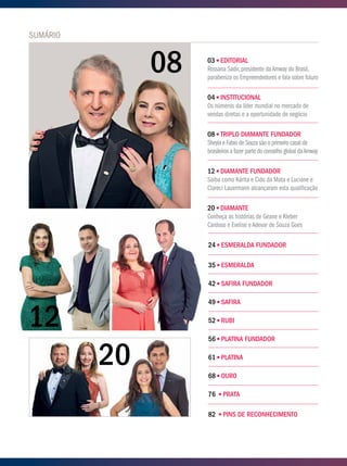 SUMÁRIO
03 EDITORIAL
Rossana Sadir,presidente daAmway do Brasil,
parabeniza os Empreendedores e fala sobre futuro
04 INSTITUCIONAL
Os números da líder mundial no mercado de
vendas diretas e a oportunidade de negócio
08 TRIPLO DIAMANTE FUNDADOR
Sheyla e Fabio de Souza são o primeiro casal de
brasileiros a fazer parte do conselho global daAmway
12 DIAMANTE FUNDADOR
Saiba como Kárita e Cido da Mata e Luciane e
Clareci Lauermann alcançaram esta qualificação
20 DIAMANTE
Conheça as histórias de Geane e Kleber
Cardoso e Evelise e Adevar de Souza Goes
24 ESMERALDA FUNDADOR
35 ESMERALDA
42 SAFIRA FUNDADOR
49 SAFIRA
52 RUBI
56 PLATINA FUNDADOR
61 PLATINA
68 OURO
76 PRATA
82 PINS DE RECONHECIMENTO
08
12
20
 