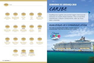 OURO
Amway Empreendedores | | Amway Empreendedores74 75
Maria Salete
Berte
SORRISO (MT)
Marlise
Strey
TUPARENDI (RS)
Priscila Torres Silva e
Fabiano Torres Silva
SÃO PAULO (SP)
Priscila Camara Silva e
Antônio Carlos da Silva
ITAQUAQUECETUBA (SP)
Atual Platina
PriscillaTavares e
Wagner CostaTavares
MARABÁ (PA)
Renata deAndrade e
Cleverson Elisio Nonis
ARAPONGAS (PR)
Rita Ksenco
e Rudinei Ksenco
ERECHIM (RS)
Atual Platina
Rosa Ost
Steffen
ARABUTA (SC)
Atual Platina
Rosangela Fortuna
e Gilmar Fortuna
SANADUVA (RS)
Rosicler Rodrigues e
Valdemar Pereira
CAPANEMA (PR)
Atual Rubi
Sidinara Rodrigues e
Tobias Rodrigues
PALMITINHO (RS)
Solange
de Carvalho
CHAPECÓ (SC)
Sônia Schafascheck e
Eliseu Schafascheck
RIO NEGRO (PR)
Vanessa Santos e
Joelson dos Santos
SÃO PAULO (SP)
Vanilsa de Araújo
Oliveira
SÃO BERNARDO DO CAMPO (SP)
Vera Lúcia Algayer e
Juarez Antônio Barella
SORRISO (MT)
Atual Platina Fundador Atual Platina Fundador
Marcela Bell Gracindo
eWashington Gracindo
CAMPINAS (SP)
SEMINÁRIOS DE LIDERANÇA 2018
CARIBE
QUALIFIQUE-SE E EMBARQUE NESSA
Qualifique-se e ganhe uma incrível viagem internacional
exclusiva no cruzeiro Royal Caribean. Para compartilhar
expeirências e adquirir conhecimento, além de muito
lazer e diversão.
Para saber os requisitos desta viagem, consulte a brochura
Conquista Brasil - Novo Plano de Ganhos 2017 a 2020
Lecir Mendes e
Aroldo Ilson Mendes
AMPÉRE (PR)
 