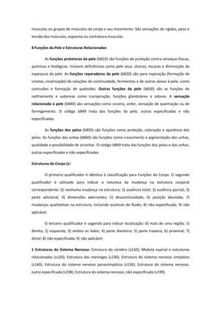 músculos ou grupos de músculos do corpo e seu movimento. São sensações de rigidez, peso e
tensão dos músculos, espasmo ou contratura muscular.
8 Funções da Pele e Estruturas Relacionadas
As funções protetoras da pele (b810) são funções de proteção contra ameaças físicas,
químicas e biológicas. Incluem deficiências como pele seca, úlceras, escaras e diminuição da
espessura da pele. As funções reparadoras da pele (b820) são para reparação (formação de
crostas, cicatrização) de soluções de continuidade, ferimentos e de outros danos à pele, como
contusões e formação de queloides. Outras funções da pele (b830) são as funções de
resfriamento e sudorese como transpiração, funções glandulares e odores. A sensação
relacionada à pele (b840) são sensações como coceira, ardor, sensação de queimação ou de
formigamento. O código b849 trata das funções da pele, outras especificadas e não
especificadas.
As funções dos pelos (b850) são funções como proteção, coloração e aparência dos
pelos. As funções das unhas (b860) são funções como crescimento e pigmentação das unhas,
qualidade e possibilidade de arranhar. O código b869 trata das funções dos pelos e das unhas,
outras especificadas e não especificadas.
Estruturas do Corpo (s)
O primeiro qualificador é idêntico à classificação para Funções do Corpo. O segundo
qualificador é utilizado para indicar a natureza da mudança na estrutura corporal
correspondente: 0) nenhuma mudança na estrutura; 1) ausência total; 2) ausência parcial; 3)
parte adicional; 4) dimensões aberrantes; 5) descontinuidade; 6) posição desviada; 7)
mudanças qualitativas na estrutura, incluindo acúmulo de fluido; 8) não especificada; 9) não
aplicável.
O terceiro qualificador é sugerido para indicar localização: 0) mais de uma região; 1)
direita; 2) esquerda; 3) ambos os lados; 4) parte dianteira; 5) parte traseira; 6) proximal; 7)
distal; 8) não especificada; 9) não aplicável.
1 Estruturas do Sistema Nervoso: Estrutura do cérebro (s110); Medula espinal e estruturas
relacionadas (s120); Estrutura das meninges (s130); Estrutura do sistema nervoso simpático
(s140); Estrutura do sistema nervoso parassimpático (s150); Estrutura do sistema nervoso,
outra especificada (s198); Estrutura do sistema nervoso, não especificada (s199).

 