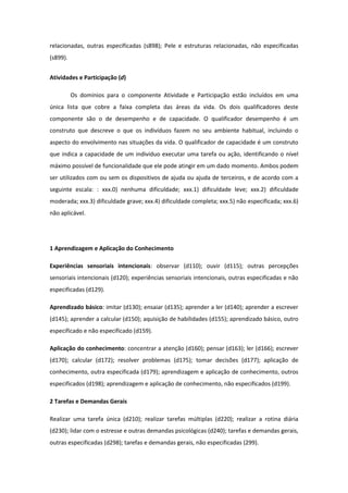 relacionadas, outras especificadas (s898); Pele e estruturas relacionadas, não especificadas
(s899).
Atividades e Participação (d)
Os domínios para o componente Atividade e Participação estão incluídos em uma
única lista que cobre a faixa completa das áreas da vida. Os dois qualificadores deste
componente são o de desempenho e de capacidade. O qualificador desempenho é um
construto que descreve o que os indivíduos fazem no seu ambiente habitual, incluindo o
aspecto do envolvimento nas situações da vida. O qualificador de capacidade é um construto
que indica a capacidade de um indivíduo executar uma tarefa ou ação, identificando o nível
máximo possível de funcionalidade que ele pode atingir em um dado momento. Ambos podem
ser utilizados com ou sem os dispositivos de ajuda ou ajuda de terceiros, e de acordo com a
seguinte escala: : xxx.0) nenhuma dificuldade; xxx.1) dificuldade leve; xxx.2) dificuldade
moderada; xxx.3) dificuldade grave; xxx.4) dificuldade completa; xxx.5) não especificada; xxx.6)
não aplicável.

1 Aprendizagem e Aplicação do Conhecimento
Experiências sensoriais intencionais: observar (d110); ouvir (d115); outras percepções
sensoriais intencionais (d120); experiências sensoriais intencionais, outras especificadas e não
especificadas (d129).
Aprendizado básico: imitar (d130); ensaiar (d135); aprender a ler (d140); aprender a escrever
(d145); aprender a calcular (d150); aquisição de habilidades (d155); aprendizado básico, outro
especificado e não especificado (d159).
Aplicação do conhecimento: concentrar a atenção (d160); pensar (d163); ler (d166); escrever
(d170); calcular (d172); resolver problemas (d175); tomar decisões (d177); aplicação de
conhecimento, outra especificada (d179); aprendizagem e aplicação de conhecimento, outros
especificados (d198); aprendizagem e aplicação de conhecimento, não especificados (d199).
2 Tarefas e Demandas Gerais
Realizar uma tarefa única (d210); realizar tarefas múltiplas (d220); realizar a rotina diária
(d230); lidar com o estresse e outras demandas psicológicas (d240); tarefas e demandas gerais,
outras especificadas (d298); tarefas e demandas gerais, não especificadas (299).

 