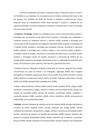 O primeiro qualificador dos fatores ambientais indica a extensão na qual um fator é
um facilitador ou um obstáculo. As consequências que os fatores ambientais têm sobre a vida
das pessoas com condições de saúde são variadas e complexas e espera-se que futuras
pesquisas levem ao entendimento melhor dessa interação e mostrem a utilidade de um
segundo qualificador. Os fatores ambientais constituem o ambiente físico, social e de atitudes
em que as pessoas vivem.
1 Produtos e Tecnologia: produtos ou substâncias para consumo pessoal (e110); produtos e
tecnologia para uso pessoal na vida diária (e115); produtos e tecnologia para mobilidade e
transporte pessoal em ambientes internos e externos (e120); produtos e tecnologia para
comunicação (e125); produtos de tecnologia para educação (e130); produtos e tecnologia para
o trabalho (e135); produtos e tecnologia para atividades culturais, recreativas e esportivas
(e140); produtos e tecnologia para a prática religiosa e vida espiritual (e145); produtos e
tecnologia usados em projeto, arquitetura e construção de edifícios para uso público (e150);
produtos e tecnologias usados em projeto, arquitetura e construção de edifícios de uso
privado (e155); produtos e tecnologias relacionados ao uso e a exploração do solo(e160); bens
(e165), inclui produtos e bens materiais e não materiais, patrimônio financeiro.
2 Ambiente Natural e Mudanças Ambientais feitas pelo ser humano: geografia física (e210),
características dos tipos de terreno e da hidrografia; população (e205) inclui mudança
demográfica e densidade populacional; flora e fauna (e220); clima (e225); desastres naturais
(e230); desastres causados pelo homem (e235); luz (e240); mudanças relacionadas ao tempo
(e245); som (e250); vibração (e255); qualidade do ar (e260).
3 Apoio e Relacionamentos: família imediata (e310); família ampliada (e315); amigos (e320);
conhecidos, companheiros, colegas, vizinhos e membros da comunidade (e325); pessoas em
posição de autoridade (e330); pessoas em posições subordinadas (e335); cuidadores e
assistentes pessoais (e340); estranhos (e345); animais domésticos (e350); profissionais da
saúde (e355); outros profissionais (e360).
4 Atitudes: atitudes individuais de membros da família imediata (e410); atitudes individuais de
membros da família ampliada (e415); atitudes individuais dos amigos (e420); atitudes
individuais de conhecidos, companheiros, colegas, vizinhos e membros da comunidade (e425);
atitudes individuais de pessoas em posições de autoridade (e430); atitudes individuais das
pessoas em posições subordinadas (e435); atitudes individuais dos cuidadores e assistentes
pessoais (e440); atitudes individuais de estranhos (e445); atitudes individuais dos profissionais

 