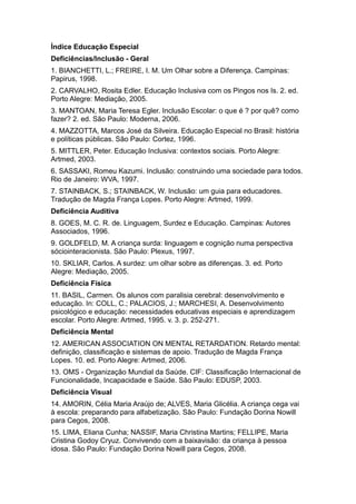 Índice Educação Especial
Deficiências/Inclusão - Geral
1. BIANCHETTI, L.; FREIRE, I. M. Um Olhar sobre a Diferença. Campinas:
Papirus, 1998.
2. CARVALHO, Rosita Edler. Educação Inclusiva com os Pingos nos Is. 2. ed.
Porto Alegre: Mediação, 2005.
3. MANTOAN, Maria Teresa Egler. Inclusão Escolar: o que é ? por quê? como
fazer? 2. ed. São Paulo: Moderna, 2006.
4. MAZZOTTA, Marcos José da Silveira. Educação Especial no Brasil: história
e políticas públicas. São Paulo: Cortez, 1996.
5. MITTLER, Peter. Educação Inclusiva: contextos sociais. Porto Alegre:
Artmed, 2003.
6. SASSAKI, Romeu Kazumi. Inclusão: construindo uma sociedade para todos.
Rio de Janeiro: WVA, 1997.
7. STAINBACK, S.; STAINBACK, W. Inclusão: um guia para educadores.
Tradução de Magda França Lopes. Porto Alegre: Artmed, 1999.
Deficiência Auditiva
8. GOES, M. C. R. de. Linguagem, Surdez e Educação. Campinas: Autores
Associados, 1996.
9. GOLDFELD, M. A criança surda: linguagem e cognição numa perspectiva
sóciointeracionista. São Paulo: Plexus, 1997.
10. SKLIAR, Carlos. A surdez: um olhar sobre as diferenças. 3. ed. Porto
Alegre: Mediação, 2005.
Deficiência Física
11. BASIL, Carmen. Os alunos com paralisia cerebral: desenvolvimento e
educação. In: COLL, C.; PALACIOS, J.; MARCHESI, A. Desenvolvimento
psicológico e educação: necessidades educativas especiais e aprendizagem
escolar. Porto Alegre: Artmed, 1995. v. 3. p. 252-271.
Deficiência Mental
12. AMERICAN ASSOCIATION ON MENTAL RETARDATION. Retardo mental:
definição, classificação e sistemas de apoio. Tradução de Magda França
Lopes. 10. ed. Porto Alegre: Artmed, 2006.
13. OMS - Organização Mundial da Saúde. CIF: Classificação Internacional de
Funcionalidade, Incapacidade e Saúde. São Paulo: EDUSP, 2003.
Deficiência Visual
14. AMORIN, Célia Maria Araújo de; ALVES, Maria Glicélia. A criança cega vai
à escola: preparando para alfabetização. São Paulo: Fundação Dorina Nowill
para Cegos, 2008.
15. LIMA, Eliana Cunha; NASSIF, Maria Christina Martins; FELLIPE, Maria
Cristina Godoy Cryuz. Convivendo com a baixavisão: da criança à pessoa
idosa. São Paulo: Fundação Dorina Nowill para Cegos, 2008.

 