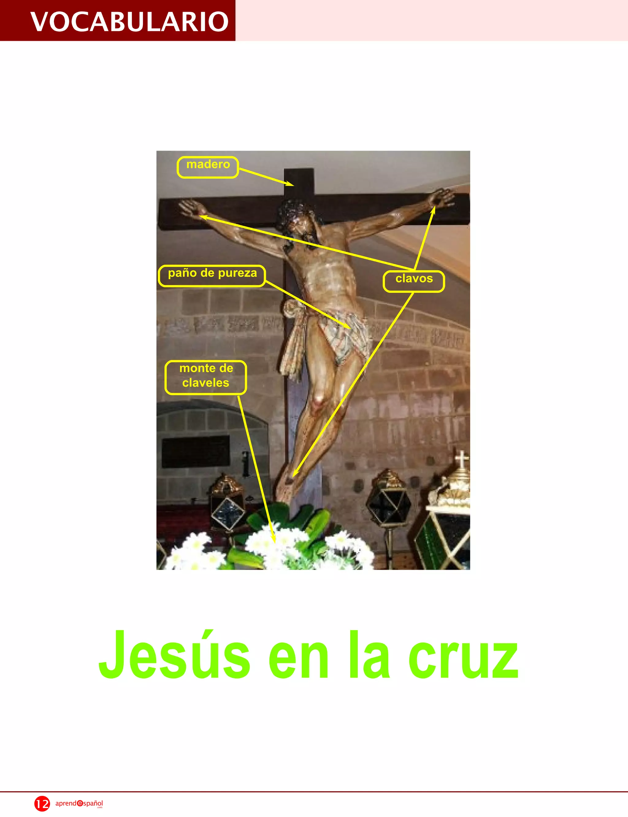 VOCABULARIO


                           madero




                         paño de pureza   clavos




                          monte de
                          claveles




                  Jesús en la cruz
12   aprend   spañol
                  .com
 
