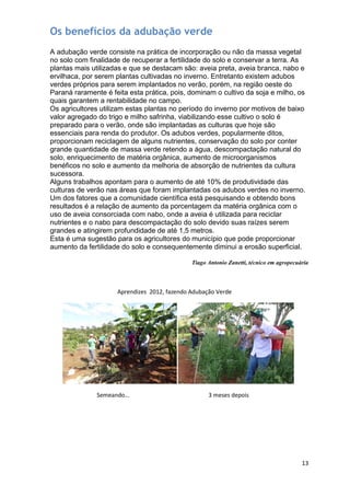 Os benefícios da adubação verde
A adubação verde consiste na prática de incorporação ou não da massa vegetal
no solo com finalidade de recuperar a fertilidade do solo e conservar a terra. As
plantas mais utilizadas e que se destacam são: aveia preta, aveia branca, nabo e
ervilhaca, por serem plantas cultivadas no inverno. Entretanto existem adubos
verdes próprios para serem implantados no verão, porém, na região oeste do
Paraná raramente é feita esta prática, pois, dominam o cultivo da soja e milho, os
quais garantem a rentabilidade no campo.
Os agricultores utilizam estas plantas no período do inverno por motivos de baixo
valor agregado do trigo e milho safrinha, viabilizando esse cultivo o solo é
preparado para o verão, onde são implantadas as culturas que hoje são
essenciais para renda do produtor. Os adubos verdes, popularmente ditos,
proporcionam reciclagem de alguns nutrientes, conservação do solo por conter
grande quantidade de massa verde retendo a água, descompactação natural do
solo, enriquecimento de matéria orgânica, aumento de microorganismos
benéficos no solo e aumento da melhoria de absorção de nutrientes da cultura
sucessora.
Alguns trabalhos apontam para o aumento de até 10% de produtividade das
culturas de verão nas áreas que foram implantadas os adubos verdes no inverno.
Um dos fatores que a comunidade científica está pesquisando e obtendo bons
resultados é a relação de aumento da porcentagem da matéria orgânica com o
uso de aveia consorciada com nabo, onde a aveia é utilizada para reciclar
nutrientes e o nabo para descompactação do solo devido suas raízes serem
grandes e atingirem profundidade de até 1,5 metros.
Esta é uma sugestão para os agricultores do município que pode proporcionar
aumento da fertilidade do solo e consequentemente diminui a erosão superficial.

                                              Tiago Antonio Zanetti, técnico em agropecuária




                     Aprendizes 2012, fazendo Adubação Verde




               Semeando...                          3 meses depois




                                                                                         13
 