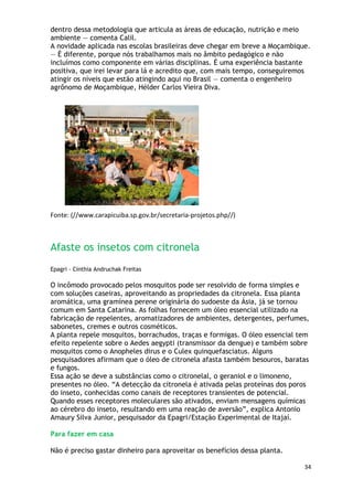 dentro dessa metodologia que articula as áreas de educação, nutrição e meio
ambiente — comenta Calil.
A novidade aplicada nas escolas brasileiras deve chegar em breve a Moçambique.
— É diferente, porque nós trabalhamos mais no âmbito pedagógico e não
incluímos como componente em várias disciplinas. É uma experiência bastante
positiva, que irei levar para lá e acredito que, com mais tempo, conseguiremos
atingir os níveis que estão atingindo aqui no Brasil — comenta o engenheiro
agrônomo de Moçambique, Hélder Carlos Vieira Diva.




Fonte: (//www.carapicuiba.sp.gov.br/secretaria-projetos.php//)



Afaste os insetos com citronela
Epagri - Cinthia Andruchak Freitas

O incômodo provocado pelos mosquitos pode ser resolvido de forma simples e
com soluções caseiras, aproveitando as propriedades da citronela. Essa planta
aromática, uma gramínea perene originária do sudoeste da Ásia, já se tornou
comum em Santa Catarina. As folhas fornecem um óleo essencial utilizado na
fabricação de repelentes, aromatizadores de ambientes, detergentes, perfumes,
sabonetes, cremes e outros cosméticos.
A planta repele mosquitos, borrachudos, traças e formigas. O óleo essencial tem
efeito repelente sobre o Aedes aegypti (transmissor da dengue) e também sobre
mosquitos como o Anopheles dirus e o Culex quinquefasciatus. Alguns
pesquisadores afirmam que o óleo de citronela afasta também besouros, baratas
e fungos.
Essa ação se deve a substâncias como o citronelal, o geraniol e o limoneno,
presentes no óleo. ―A detecção da citronela é ativada pelas proteínas dos poros
do inseto, conhecidas como canais de receptores transientes de potencial.
Quando esses receptores moleculares são ativados, enviam mensagens químicas
ao cérebro do inseto, resultando em uma reação de aversão‖, explica Antonio
Amaury Silva Junior, pesquisador da Epagri/Estação Experimental de Itajaí.

Para fazer em casa

Não é preciso gastar dinheiro para aproveitar os benefícios dessa planta.

                                                                             34
 