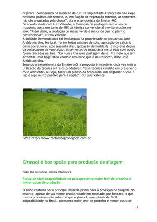 orgânica, colaborando na nutrição da cultura implantada. O processo não exige
nenhuma prática pós-semeio, e, em função da vegetação anterior, as sementes
não são arrastadas pela chuva‖, diz o extensionista da Emater–MG.
De acordo ainda com Luiz Valente, a formação de pastagem sem o uso de
máquinas custa em torno de 40% da técnica convencional e evita erosões no
solo. ―Além disso, a produção de massa verde é maior do que no plantio
convencional‖, afirma Valente.
A Unidade Demonstrativa foi implantada na propriedade do pecuarista José
Aroldo Martins. No local, foram feitas análises de solo, aplicação de calcário
como corretivo e, após sessenta dias, aplicação de herbicida. Cinco dias depois
da dessecagem da vegetação, as sementes de braquiária misturadas com adubo
foram lançadas na área. ―Eu nunca tive uma pastagem dessa. Fiz meio que sem
acreditar, mas hoje estou vendo o resultado que é muito bom‖, disse José
Aroldo Martins.
Segundo o extensionista da Emater–MG, a proposta é incentivar cada vez mais a
utilização da técnica entre os produtores. ―Essa técnica consiste em preservar o
meio ambiente, ou seja, fazer um plantio da braquiária sem degradar o solo. E
isso é algo muito positivo para a região‖, diz Luiz Valente.




Fonte:http://www.portaldoagronegocio.com.br




Girassol é boa opção para produção de silagem
Portal Dia de Campo - Kamila Pitombeira

Planta de fácil adaptabilidade no país apresenta maior teor de proteína e
menor custo de produção

O milho costuma ser a principal matéria-prima para a produção de silagem. No
entanto, apesar de sua menor produtividade em toneladas por hectare, o que
muitos produtores não sabem é que o girassol, uma planta de fácil
adaptabilidade no Brasil, apresenta maior teor de proteína e menor custo de
                                                                                   8
 