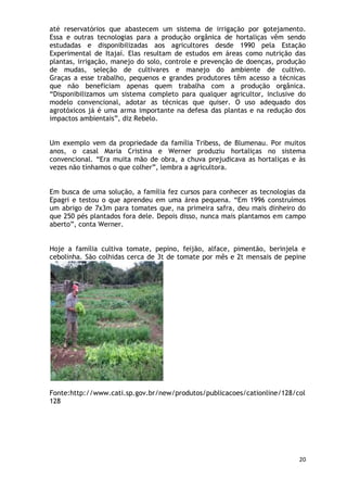 até reservatórios que abastecem um sistema de irrigação por gotejamento.
Essa e outras tecnologias para a produção orgânica de hortaliças vêm sendo
estudadas e disponibilizadas aos agricultores desde 1990 pela Estação
Experimental de Itajaí. Elas resultam de estudos em áreas como nutrição das
plantas, irrigação, manejo do solo, controle e prevenção de doenças, produção
de mudas, seleção de cultivares e manejo do ambiente de cultivo.
Graças a esse trabalho, pequenos e grandes produtores têm acesso a técnicas
que não beneficiam apenas quem trabalha com a produção orgânica.
―Disponibilizamos um sistema completo para qualquer agricultor, inclusive do
modelo convencional, adotar as técnicas que quiser. O uso adequado dos
agrotóxicos já é uma arma importante na defesa das plantas e na redução dos
impactos ambientais‖, diz Rebelo.


Um exemplo vem da propriedade da família Tribess, de Blumenau. Por muitos
anos, o casal Maria Cristina e Werner produziu hortaliças no sistema
convencional. ―Era muita mão de obra, a chuva prejudicava as hortaliças e às
vezes não tínhamos o que colher‖, lembra a agricultora.


Em busca de uma solução, a família fez cursos para conhecer as tecnologias da
Epagri e testou o que aprendeu em uma área pequena. ―Em 1996 construímos
um abrigo de 7x3m para tomates que, na primeira safra, deu mais dinheiro do
que 250 pés plantados fora dele. Depois disso, nunca mais plantamos em campo
aberto‖, conta Werner.


Hoje a família cultiva tomate, pepino, feijão, alface, pimentão, berinjela e
cebolinha. São colhidas cerca de 3t de tomate por mês e 2t mensais de pepine




Fonte:http://www.cati.sp.gov.br/new/produtos/publicacoes/cationline/128/col
128




                                                                           20
 