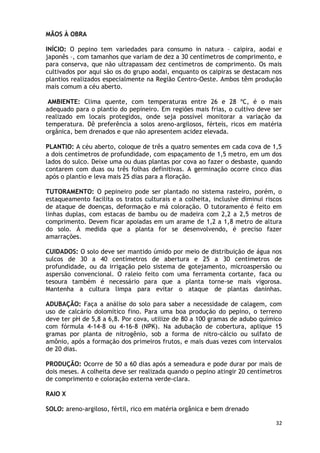 MÃOS À OBRA

INÍCIO: O pepino tem variedades para consumo in natura – caipira, aodai e
japonês –, com tamanhos que variam de dez a 30 centímetros de comprimento, e
para conserva, que não ultrapassam dez centímetros de comprimento. Os mais
cultivados por aqui são os do grupo aodai, enquanto os caipiras se destacam nos
plantios realizados especialmente na Região Centro-Oeste. Ambos têm produção
mais comum a céu aberto.

 AMBIENTE: Clima quente, com temperaturas entre 26 e 28 ºC, é o mais
adequado para o plantio do pepineiro. Em regiões mais frias, o cultivo deve ser
realizado em locais protegidos, onde seja possível monitorar a variação da
temperatura. Dê preferência a solos areno-argilosos, férteis, ricos em matéria
orgânica, bem drenados e que não apresentem acidez elevada.

PLANTIO: A céu aberto, coloque de três a quatro sementes em cada cova de 1,5
a dois centímetros de profundidade, com espaçamento de 1,5 metro, em um dos
lados do sulco. Deixe uma ou duas plantas por cova ao fazer o desbaste, quando
contarem com duas ou três folhas definitivas. A germinação ocorre cinco dias
após o plantio e leva mais 25 dias para a floração.

TUTORAMENTO: O pepineiro pode ser plantado no sistema rasteiro, porém, o
estaqueamento facilita os tratos culturais e a colheita, inclusive diminui riscos
de ataque de doenças, deformação e má coloração. O tutoramento é feito em
linhas duplas, com estacas de bambu ou de madeira com 2,2 a 2,5 metros de
comprimento. Devem ficar apoiadas em um arame de 1,2 a 1,8 metro de altura
do solo. À medida que a planta for se desenvolvendo, é preciso fazer
amarrações.

CUIDADOS: O solo deve ser mantido úmido por meio de distribuição de água nos
sulcos de 30 a 40 centímetros de abertura e 25 a 30 centímetros de
profundidade, ou da irrigação pelo sistema de gotejamento, microaspersão ou
aspersão convencional. O raleio feito com uma ferramenta cortante, faca ou
tesoura também é necessário para que a planta torne-se mais vigorosa.
Mantenha a cultura limpa para evitar o ataque de plantas daninhas.

ADUBAÇÃO: Faça a análise do solo para saber a necessidade de calagem, com
uso de calcário dolomítico fino. Para uma boa produção do pepino, o terreno
deve ter pH de 5,8 a 6,8. Por cova, utilize de 80 a 100 gramas de adubo químico
com fórmula 4-14-8 ou 4-16-8 (NPK). Na adubação de cobertura, aplique 15
gramas por planta de nitrogênio, sob a forma de nitro-cálcio ou sulfato de
amônio, após a formação dos primeiros frutos, e mais duas vezes com intervalos
de 20 dias.

PRODUÇÃO: Ocorre de 50 a 60 dias após a semeadura e pode durar por mais de
dois meses. A colheita deve ser realizada quando o pepino atingir 20 centímetros
de comprimento e coloração externa verde-clara.

RAIO X

SOLO: areno-argiloso, fértil, rico em matéria orgânica e bem drenado

                                                                              32
 