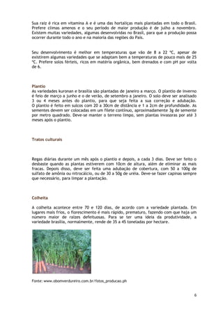 Sua raiz é rica em vitamina A e é uma das hortaliças mais plantadas em todo o Brasil.
Prefere climas amenos e o seu período de maior produção é de julho a novembro.
Existem muitas variedades, algumas desenvolvidas no Brasil, para que a produção possa
ocorrer durante todo o ano e na maioria das regiões do País.


Seu desenvolvimento é melhor em temperaturas que vão de 8 a 22 ºC, apesar de
existirem algumas variedades que se adaptam bem a temperaturas de pouco mais de 25
ºC. Prefere solos férteis, ricos em matéria orgânica, bem drenados e com pH por volta
de 6.



Plantio
As variedades kuronan e brasília são plantadas de janeiro a março. O plantio de inverno
é feio de março a junho e o de verão, de setembro a janeiro. O solo deve ser analisado
3 ou 4 meses antes do plantio, para que seja feita a sua correção e adubação.
O plantio é feito em sulcos com 20 a 30cm de distância e 1 a 2cm de profundidade. As
sementes devem ser colocadas em um filete contínuo, aproximadamente 3g de semente
por metro quadrado. Deve-se manter o terreno limpo, sem plantas invasoras por até 3
meses após o plantio.



Tratos culturais



Regas diárias durante um mês após o plantio e depois, a cada 3 dias. Deve ser feito o
desbaste quando as plantas estiverem com 10cm de altura, além de eliminar as mais
fracas. Depois disso, deve ser feita uma adubação de cobertura, com 50 a 100g de
sulfato de amônia ou nitrocálcio, ou de 30 a 50g de uréia. Deve-se fazer capinas sempre
que necessário, para limpar a plantação.



Colheita

A colheita acontece entre 70 e 120 dias, de acordo com a variedade plantada. Em
lugares mais frios, o florescimento é mais rápido, prematuro, fazendo com que haja um
número maior de raízes defeituosas. Para se ter uma ideia da produtividade, a
variedade brasília, normalmente, rende de 35 a 45 toneladas por hectare.




Fonte: www.obomverdureiro.com.br/fotos_producao.ph


                                                                                     6
 