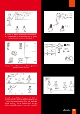 A 1r amb en Xavier lletra lligada vam aprendre a        Quan estàvem cansats de treballar una estona en
fer! Ens va deixar un record dins el cor, de rialles i              Xavier ens deixava jugar!
      bons moments amb el mestre Xavier!!




A segon vam continuar amb en Xavier, igualment           Ens ho passàvem molt bé al pati jugant a diferents
           passant-nos-ho molt bé!                                            jocs.




Ara ja fem tercer!!! I som la classe dels Gulliver!        Aquest curs els divendres tots els alumnes de
Abans d’arribar a tercer hem passat molts cursos         l’escola fem el pati sense pilotes, els alumnes de
i a tots hem après moltes coses, per això hem                 sisè organitzen els jocs i ens agrada molt.
arribat a tercer i ens ho passem super bé!! Ara
 tenim moltes llibretes on hi fem molts exercicis!


                                                                                        Arrels 19
 