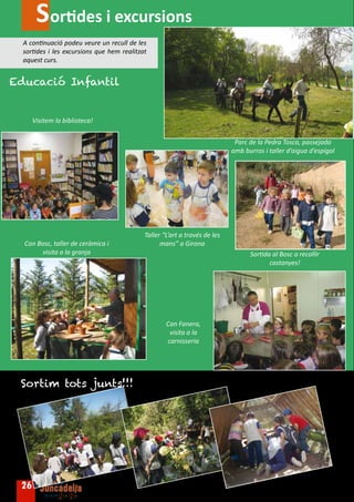 Sortides i excursions
  A continuació podeu veure un recull de les
  sortides i les excursions que hem realitzat
  aquest curs.


Educació Infantil


      Visitem la biblioteca!


                                                                             Parc de la Pedra Tosca, passejada
                                                                            amb burros i taller d’aigua d’espígol




                                            Taller “L’art a través de les
  Can Bosc, taller de ceràmica i                  mans” a Girona
       visita a la granja                                                         Sortida al Bosc a recollir
                                                                                         castanyes!




                                                    Can Fanera,
                                                     visita a la
                                                    carnisseria




 Sortim tots junts!!!




 26
 