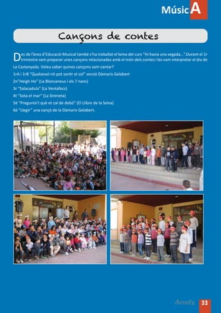 Músic           A
                          Cançons de contes

D   es de l’àrea d’Educació Musical també s’ha treballat el lema del curs “Hi havia una vegada…”.Durant el 1r
    trimestre vam preparar unes cançons relacionades amb el món dels contes i les vam interpretar el dia de
La Castanyada. Voleu saber quines cançons vam cantar?
1rA i 1rB “Qualsevol nit pot sortir el sol” versió Dàmaris Gelabert
2n”Heigh Ho” (La Blancaneus i els 7 nans)
3r “Salacadula” (La Ventafocs)
4t “Sota el mar” (La Sireneta)
5è “Pregunta’t què et cal de debò” (El Llibre de la Selva)
6è “Llegir” una cançó de la Dàmaris Gelabert.




                                                                                          Arrels 33
 