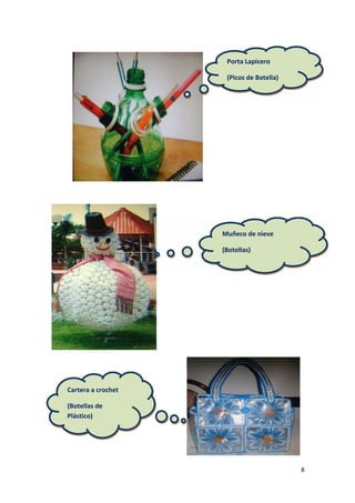 Porta Lapicero

                     (Picos de Botella)




                    Muñeco de nieve

                    (Botellas)




Cartera a crochet

(Botellas de
Plástico)




                                          8
 