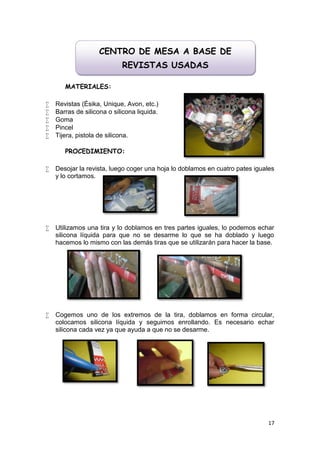 CENTRO DE MESA A BASE DE
                            REVISTAS USADAS

       MATERIALES:

   Revistas (Ésika, Unique, Avon, etc.)
   Barras de silicona o silicona liquida.
   Goma
   Pincel
   Tijera, pistola de silicona.

       PROCEDIMIENTO:

   Desojar la revista, luego coger una hoja lo doblamos en cuatro pates iguales
    y lo cortamos.




   Utilizamos una tira y lo doblamos en tres partes iguales, lo podemos echar
    silicona líquida para que no se desarme lo que se ha doblado y luego
    hacemos lo mismo con las demás tiras que se utilizarán para hacer la base.




   Cogemos uno de los extremos de la tira, doblamos en forma circular,
    colocamos silicona líquida y seguimos enrollando. Es necesario echar
    silicona cada vez ya que ayuda a que no se desarme.




                                                                             17
 