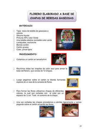 FLORERO ELABORADO A BASE DE
                    CHAPAS DE BEBIDAS GASEOSAS

       MATERIALES:

   Tapa rosca de botella de gaseosas a
    colores
   Silicona liquida
   Pinturas APU color Verde
   Una botella plástica reciclable color verde
   Lentejuelas, escharche
   Blonda cordón
   Cartón grueso
   Cúter, pincel tijera

       PROCEDIMIENTO:

   Cortamos un cartón en tamaño/A-4



   Reunimos todas las chapitas de color azul para armar la
    base del florero, que consta de 12 chapas.



   Luego pegamos sobre el cartón la blonda formando
    especie de un asa de la canasta de flores.



   Para formar las flores utilizamos chapas de diferentes
    colores, la cual son cortadas con el cúter por un
    espacio de ½ cm. Todo el contorno de la chapa.


   Una vez cortadas las chapas procedemos a abrirlas ligeramente y vamos
    pegando sobre el cartón armando las flores.




                                                                       20
 