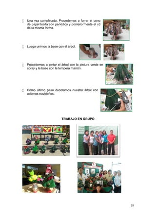    Una vez completado. Procedemos a forrar el cono
    de papel toalla con periódico y posteriormente el cd
    de la misma forma.




   Luego unimos la base con el árbol.




   Procedemos a pintar el árbol con la pintura verde en
    spray y la base con la tempera marrón.




   Como último paso decoramos nuestro árbol con
    adornos navideños.




                            TRABAJO EN GRUPO




                                                           28
 