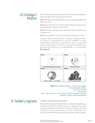 Aula 31
6.1.2 Estrategia 2
Volteismo
OtramaneradeabordaryexperimentarconelconceptodeVolteismo
supone el seguimiento de los siguientes pasos:
Paso 1: Idea bidimensional del espacio a crearse a partir de la geometría
plana del mismo.
Paso 2: Extrusión de la forma bidimensional sobre la vertical, para el
logro del espacio tridimensional extruido.
Paso 3: Giro rotacional del espacio extruido en diferentes posiciones
y angulaciones.
Paso 4: Desarrollo funcional de la interioridad del espacio creado.
Los pasos anteriormente descritos reconocen la experimentación
de la forma, la manipulación de la misma y posibilitan un mayor
entendimiento, desarrollo y creatividad en torno al manejo del
espacio tridimensional. El “Volteismo” propicia el entendimiento y
generación del espacio de un modo diferente y no convencional.
(Ver Figura 4).
Figura 4. Pasos metológicos del volteismo – exploración espacio hexagonal.
Proceso alzado hexagonal y Volteismo
Fuente: Checa, Ricardo (2014)
Espacio hexagonal
Archivo en línea recuperado en http://tec.nologia.com /2009/12/29/viviendas-prefabricadas
-hexagonales-iro/ Viviendas prefabricadas hexagonales IRO
6.2 Totalidad y fragmento
Proceso metodológico propuesto por el autor.8
Gestalt. Término introducido por Christian Von Ehrenfels.9
“El todo es más que la suma de las partes”
Normalmente, elprocesodecreacióndelacomposiciónarquitectónica,se
puede llevar a cabo de múltiples maneras, en algunos de los casos
surge la posibilidad de intervención a partir de componer de modo
coherente lo que se denominará el “todo” conformado con
elementosnormalmentedetipomodularloscuales puedenconsiderar
9
8
 
