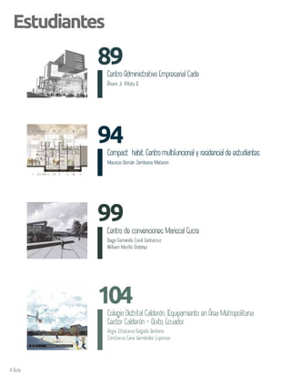 4 Aula
89
Centro Administrativo Empresarial Cade
Álvaro Jr. Villota B.
104
Colegio Distrital Calderón, (Equipamiento en Área Metropolitana
Sector Calderón – Quito, Ecuador
Angie Sthefania Delgado Burbano
Constanza Sarai Hernández Espinosa
94
Compact habit. Centro multifuncional y residencial de estudiantes
Mauricio Román Zambrano Materon
Estudiantes
99
Centro de convenciones Mariscal Sucre
Diego Fernando Coral Santacruz
William Morillo Ordoñez
 