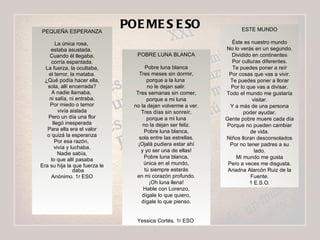 PEQUEÑA ESPERANZA La única rosa,  estaba asustada.  Cuando él llegaba, corría espantada. La fuerza, la ocultaba, el terror, la mataba. ¿Qué podía hacer ella, sola, allí encerrada? A nadie llamaba,  ni salía, ni entraba. Por miedo o temor vivía aislada Pero un día una flor llegó inesperada Para ella era el valor o quizá la esperanza Por esa razón,  vivía y luchaba. Nadie sabía, lo que allí pasaba Era su hija la que fuerza le daba Anónimo. 1r ESO POBRE LUNA BLANCA Pobre luna blanca Tres meses sin dormir, porque a la luna  no le dejan salir. Tres semanas sin comer, porque a mi luna no la dejan volverme a ver. Tres días sin sonreír, porque a mi luna no la dejan ser feliz. Pobre luna blanca, sola entre las estrellas. ¡Ojalá pudiera estar ahí y yo ser una de ellas! Pobre luna blanca, única en el mundo, tú siempre estarás en mi corazón profundo. ¡Oh luna llena! Hable con Lorenzo, dígale lo que quiero, dígale lo que pienso. Yessica Cortés. 1r ESO   ESTE MUNDO Éste es nuestro mundo No lo verás en un segundo. Dividido en continentes Por culturas diferentes. Te puedes poner a reír Por cosas que vas a vivir. Te puedes poner a llorar Por lo que vas a divisar. Todo el mundo me gustaría visitar. Y a más de una persona poder ayudar. Gente pobre muere cada día Porque no pueden cambiar de vida. Niños lloran desconsolados Por no tener padres a su lado. Mi mundo me gusta Pero a veces me disgusta. Ariadna Alarcón Ruiz de la Fuente. 1 E.S.O. POEMES ESO 
