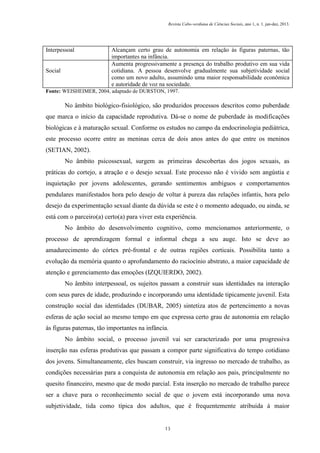 Revista Cabo-verdiana de Ciências Sociais, ano 1, n. 1. jan-dez, 2013.

Interpessoal

Social

Alcançam certo grau de autonomia em relação às figuras paternas, tão
importantes na infância.
Aumenta progressivamente a presença do trabalho produtivo em sua vida
cotidiana. A pessoa desenvolve gradualmente sua subjetividade social
como um novo adulto, assumindo uma maior responsabilidade econômica
e autoridade de voz na sociedade.

Fonte: WEISHEIMER, 2004, adaptado de DURSTON, 1997.

No âmbito biológico-fisiológico, são produzidos processos descritos como puberdade
que marca o início da capacidade reprodutiva. Dá-se o nome de puberdade às modificações
biológicas e à maturação sexual. Conforme os estudos no campo da endocrinologia pediátrica,
este processo ocorre entre as meninas cerca de dois anos antes do que entre os meninos
(SETIAN, 2002).
No âmbito psicossexual, surgem as primeiras descobertas dos jogos sexuais, as
práticas do cortejo, a atração e o desejo sexual. Este processo não é vivido sem angústia e
inquietação por jovens adolescentes, gerando sentimentos ambíguos e comportamentos
pendulares manifestados hora pelo desejo de voltar à pureza das relações infantis, hora pelo
desejo da experimentação sexual diante da dúvida se este é o momento adequado, ou ainda, se
está com o parceiro(a) certo(a) para viver esta experiência.
No âmbito do desenvolvimento cognitivo, como mencionamos anteriormente, o
processo de aprendizagem formal e informal chega a seu auge. Isto se deve ao
amadurecimento do córtex pré-frontal e de outras regiões corticais. Possibilita tanto a
evolução da memória quanto o aprofundamento do raciocínio abstrato, a maior capacidade de
atenção e gerenciamento das emoções (IZQUIERDO, 2002).
No âmbito interpessoal, os sujeitos passam a construir suas identidades na interação
com seus pares de idade, produzindo e incorporando uma identidade tipicamente juvenil. Esta
construção social das identidades (DUBAR, 2005) sintetiza atos de pertencimento a novas
esferas de ação social ao mesmo tempo em que expressa certo grau de autonomia em relação
às figuras paternas, tão importantes na infância.
No âmbito social, o processo juvenil vai ser caracterizado por uma progressiva
inserção nas esferas produtivas que passam a compor parte significativa do tempo cotidiano
dos jovens. Simultaneamente, eles buscam construir, via ingresso no mercado de trabalho, as
condições necessárias para a conquista de autonomia em relação aos pais, principalmente no
quesito financeiro, mesmo que de modo parcial. Esta inserção no mercado de trabalho parece
ser a chave para o reconhecimento social de que o jovem está incorporando uma nova
subjetividade, tida como típica dos adultos, que é frequentemente atribuída à maior

13

 