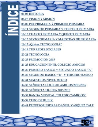 04-05 HISTORIA
06.07 VISION Y MISION
08-09 PRE PRIMARIA Y PRIMERO PRIMARIA
10-11 SEGUNDO PRIMARIA Y TERCERO PRIMARIA
12-13 CUARTO PRIMARIA Y QUINTO PRIMARIA
14-15 SEXTO PRIMARIA Y MAESTRAS DE PRIMARIA
16-17 ¿Qué es TECNOLOGIA?
18-19 TUS REDES SOCIALES
20-21 TECNOLOGIA
22-23 PROMOCION 2015
24-25 EDUCACION EN EL COLEGIO AMIGOS
26-27 PRIMERO BASICO Y SEGUNDO BASICO ‘’A’’
28-29 SEGUNDO BASICO ‘’B’’ Y TERCERO BASICO
30-31 MAESTROS NIVEL MEDIO
32-33 SEÑORITA COLEGIO AMIGOS 2015-2016
34-35 SEÑORITA FIGURA 2015-2016
36-37 BANDA MUSICAL COLEGIO ‘’AMIGOS’’
38-39 CUBO DE RUBIK
40-41 PROFESOR ESDRAS DANIEL VÀSQUEZ TALE
3
 