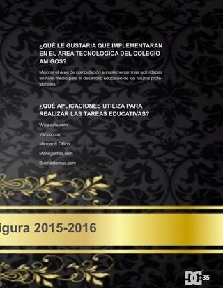 igura 2015-2016
¿QUÉ LE GUSTARIA QUE IMPLEMENTARAN
EN EL AREA TECNOLOGICA DEL COLEGIO
AMIGOS?
Mejorar el área de computación e implementar mas actividades
en nivel medio para el desarrollo educativo de los futuros profe-
sionales.
¿QUÉ APLICACIONES UTILIZA PARA
REALIZAR LAS TAREAS EDUCATIVAS?
Wikipedia.com
Yahoo.com
Microsoft Office
Monografias.com
Buenastareas.com
35
 