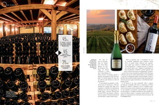 92 93A Z U L A Z U L
M A D E I N B R A Z I L
familiageisse.com.br
Por aqui, fi-
cam no comando,
além de Daniel,
seus outros filhos,
Ignacio, 38, dire-
tor financeiro; Ro-
drigo, 34, diretor
comercial; e o sobri-
nho, Carlos Abarzua, 54,
diretor técnico. A transição, garante o
patriarca, não poderia ter sido mais tran-
quila. “A vinícola sempre foi, para nós,
um estilo de vida. Vivemos ao redor do
que fazemos.”
A nova geração acompanha a evolu-
ção do setor. A vinícola já é 100% ali-
mentada por energia solar desde 2018,
enquanto os vinhedos são inteiramente
cultivados sem traço de agrotóxicos. A
família adota o processo Thermal Pest
Control (TPC), que imuniza a cultura à
base de ar quente. “É uma ferramenta das
mais eficientes”, explica Daniel Geisse.
Abrir as porteiras para o enoturismo foi ou-
tra novidade implantada pelos herdeiros. Desde
2015, os irmãos Geisse oferecem três experiên-
cias a quem quer conhecer o trabalho de perto. Na
Terroir Experience, o visitante percorre os vinhedos
em veículo aberto 4x4 e degusta os espumantes no
meio da plantação. Também é possível agendar uma
visita à vinícola, que termina com degustação, ou partici-
par do Open Lounge, montado no jardim nos fins de semana
e feriados, para provar vinhos harmonizados com comidinhas
– entre elas, as empanadas assadas, receita da família. “Somos o
lado B da Serra Gaúcha, porque estamos longe da principal rota
vinícola, mas nossa região montanhosa é a mais linda de todas”,
garante Daniel.
O clã lançou-se em nova empreitada: obter o registro
de Indicação Geográfica (IG) para os espumantes de Pinto
Bandeira. O objetivo é demarcar o terroir e estabelecer parâ-
metros técnicos para outros produtores que queiram conver-
ter seus vinhedos. O momento, emenda Mario, não poderia
ser mais propício. “A indústria brasileira do vinho amadureceu
muito nos últimos tempos e conquistou respeito dentro e fora
do País. E os espumantes são a locomotiva desse movimento.”
de vinhedos e 50 ha dede vinhedos e 50 ha de
mata nativa compõemmata nativa compõem
a propriedade em Pintoa propriedade em Pinto
Bandeira (RS)Bandeira (RS)
45ha
pessoas, em média,pessoas, em média,
visitam a vinícolavisitam a vinícola
anualmenteanualmente
25milmil
funcionáriosfuncionários
trabalham na unidadetrabalham na unidade
gaúchagaúcha
45
Vinhedos da
Família Geisse;
o premiado Cave
Geisse Terroir
Nature; degustação
de vinhos com
empanadas, na
vinícola
Os Geisse apostam na
elaboração de espumantes
pelo método champenoise:
a segunda fermentação
ocorre dentro das garrafas
Fotos:Divulgação
 