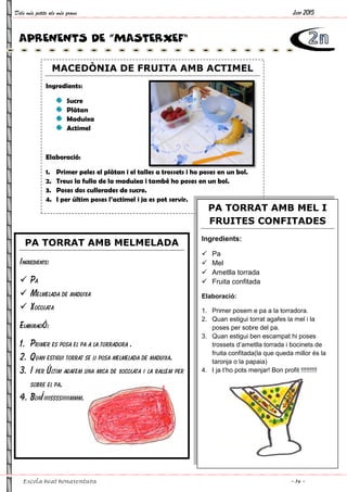 Dels més petits als més grans
Escola Beat Bonaventura
MACEDÒNIA DE FRUITA AMB ACTIMEL
Ingredients:
Sucre
Plàtan
Maduixa
Actimel
Elaboració:
1. Primer peles el plàtan i el talles a trossets i ho poses en un bol.
2. Treus la fulla de la maduixa i també ho poses en un bol.
3. Poses dos cullerades de sucre.
4. I per últim poses l’actimel i ja es pot servir.
APRENENTS DE “MASTERXEF”
PA TORRAT AMB MELMELADA
Ingredients:
Pa
Melmelada de maduixa
Xocolata
Elaboració:
1. Primer es posa el pa a la torradora .
2. Quan estigui torrat se li posa melmelada de maduixa.
3. I per últim agafem una mica de xocolata i la rallem per
sobre el pa.
4. Boníiiiissssiiiiimmm.
MACEDÒNIA DE FRUITA AMB ACTIMEL
Primer peles el plàtan i el talles a trossets i ho poses en un bol.
Treus la fulla de la maduixa i també ho poses en un bol.
Poses dos cullerades de sucre.
I per últim poses l’actimel i ja es pot servir.
APRENENTS DE “MASTERXEF”
AMB MELMELADA
Primer es posa el pa a la torradora .
Quan estigui torrat se li posa melmelada de maduixa.
I per últim agafem una mica de xocolata i la rallem per
PA TORRAT AMB MEL I
FRUITES
Ingredients:
Pa
Mel
Ametlla torrada
Fruita confitada
Elaboració:
1. Primer posem e pa a la torradora.
2. Quan estigui torrat agafes la mel i la
poses per sobre del pa.
3. Quan estigui ben escampat hi poses
trossets d’ametlla torrada i bocinets de
fruita confitada(la que queda millor és la
taronja o la papaia)
4. I ja t’ho pots menjar!
Juny 2015
~ 14 ~
MACEDÒNIA DE FRUITA AMB ACTIMEL
PA TORRAT AMB MEL I
FRUITES CONFITADES
Ametlla torrada
Fruita confitada
Primer posem e pa a la torradora.
Quan estigui torrat agafes la mel i la
poses per sobre del pa.
Quan estigui ben escampat hi poses
trossets d’ametlla torrada i bocinets de
fruita confitada(la que queda millor és la
taronja o la papaia)
menjar! Bon profit !!!!!!!!!
 