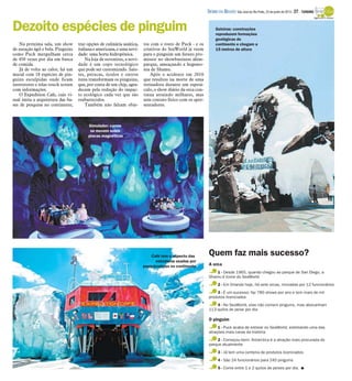 Na próxima sala, um show
de natação ágil e bela. Pinguins
como Puck mergulham cerca
de 450 vezes por dia em busca
de comida.
Já de volta ao calor, há um
mural com 18 espécies de pin-
guins esculpidas onde ficam
instrutores e telas touch screen
com informações.
O Expedition Cafe, cujo vi-
sual imita a arquitetura das ba-
ses de pesquisa no continente,
traz opções de culinária asiática,
italiana e americana, e uma novi-
dade: uma horta hidropônica.
Na loja de suvenires, a novi-
dade é um copo tecnológico
que pode ser customizado. Saio-
tes, perucas, óculos e outros
itens transformam os pinguins,
que, por conta de um chip, agra-
decem pela redução do impac-
to ecológico cada vez que são
reabastecidos.
Também não faltam obje-
tos com o rosto de Puck - e os
criativos do SeaWorld já veem
para o pinguim um futuro pro-
missor no showbusiness além-
parque, ameaçando a hegemo-
nia de Shamu.
Após o acidente em 2010
que resultou na morte de uma
treinadora durante um espetá-
culo, o show diário da orca con-
tinua atraindo milhares, mas
sem contato físico com os apre-
sentadores.
Geleiras: construções
reproduzem formações
geológicas do
continente e chegam a
15 metros de altura
Quem faz mais sucesso?
Simulador: carros
se movem sobre
placas magnéticas
Café tem o aspecto das
estruturas usadas por
pesquisadores no continente A orca
1 - Desde 1965, quando chegou ao parque de San Diego, a
Shamu é ícone do SeaWorld
2 - Em Orlando hoje, há sete orcas, mimadas por 12 funcionários
3 - É um sucesso: faz 780 shows por ano e tem mais de mil
produtos licenciados
4 - No SeaWorld, elas não comem pinguins, mas abocanham
113 quilos de peixe por dia
O pinguim
1 - Puck acaba de estrear no SeaWorld, estrelando uma das
atrações mais caras da história
2 - Começou bem: Antarctica é a atração mais procurada do
parque atualmente
3 - Já tem uma centena de produtos licenciados
4 - São 24 funcionários para 245 pinguins
5 - Come entre 1 e 2 quilos de peixes por dia. I
Dezoito espécies de pinguim
Agência O Globo
DIÁRIO DA REGIÃO São José do Rio Preto, 23 de junho de 2013 / 27 - TURISMO
 