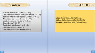 DIRECTORIOSumario
• Los diez leprosos (Lucas 17:11-19)
• Jesús sana el hombre hidrópico (Lucas 14: 1-6)
• Sanada en el día de reposo (Lucas 13:10-17)
• Milagro de los peces (Lucas 5: 1-11)
• Jesús resucita al hijo de la viuda de
Naín (Lucas 7:11-17)
• Nacimiento de Jesús (Luc.2:1-7)
• Jesús sana a un Paralitico
• Jesús sana a un niño endemoniado
Editor: Hector Alejandro Paz Rivera .
Escritor: Carlos Alejandro Benitez Bonilla.
Ilustrador: Jaquelinne Sofia Espinoza Lopez.
24 25
 