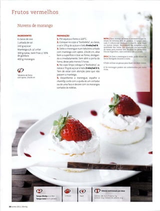 F:futos vermelhos
Nuvens de morango
INGREDIENTES
6 claras de avo
1 pitada de sal
240 g a<;ucar
Manteiga q.b. p/ untar
300 g natas, bem frias c/ 35%
de gordura
400 g morangos
Tabuleiro de forno
com aprox. 23x28 em
-
Tempo Bimby • 11 Min
Tempo total• 5 H 20 Min
20 Junho 2011 1Bimby
PREPARAc;:AO
1. Pre-aque<;a o forno a 220T
2. Coloque no capo a "borboleta", as claras,
o sal e 170 g de a<;ucar e bata 9 min/vel4.
3. Deite o merengue num tabuleiro untado
com manteiga com aprox. 23x28 em, alise
bem a superffcie e !eve ao forno, desligan-
do-o imediatamente. Sem abrir a porta do
forno, deixe pelo menos 5 horas.
4 . No capo limpo coloque a "borboleta", as
natas e 70 g de a<;ucar e bata 2 min/vel3 X.
Tem de estar com aten<;ao para que nao
passem a manteiga.
5. Desenforme o merengue, espalhe o
chantilly, corte com a ajuda de um cortador
ou de uma faca e decore com os morangos
cortados as rodelas.
NOTA I Para montar as natas enecessario que te-
nham no minimo 35% de gordura. 0 tempo indi-
cado ereferencial, podendo o chantilly levar mais
ou menos tempo, dependendo da temperatura e
qualidade das natas. Em qualquer circunstancia,
as natas para montar tern de estar na parte mais
fria do frigorifico, caso contrario nao montam.
DICA I Se fizer o merengue anoite, pode deixar no
forno desligado durante a noite.
• Pode utilizar as gemas para fazer urn Ieite creme.
• Os morangos podem ser substituidos por outra
fruta.
(I) Valores nutricionais por dose
12Pessoas Facil Calorias, 206 Kcal l Proteina, 3 g
Gordura, 12 g IHidratos de carbona, 22 g
 