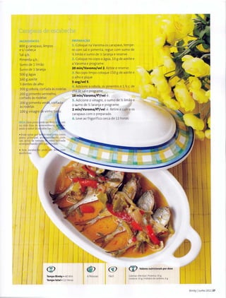 Carapaus de escabeche
INGRF.DIENTES
800 g carapaus, limpos
e s/ cabe<;:a
Sal q.b.
Pimenta q.b.
Sumo de 1 1imao
Sumo de llaranja
soo g agua
160 g azeite
3 dentes de alho
300 g cebola, cortada as rodelas
200 g pimento vermelho,
cortado as rodelas
200 g pimento
as rodelas
100 g vinagre
• Pode optar por
prato principal ac~a-nhando
urn arroz de tomate como e1
acompanh ando com n~n rrorln
PREPARA«;:AO
1. Coloque na Varoma os carapaus, tempe-
re com sal e pimenta, regue com sumo de
y, limao e sumo dey, laranja e reserve.
2. Coloque no copo a agua, 10 g de azeite e
a Varoma e programe
20 min/Varoma/vel2. Retiree reserve.
3. No copo limpo coloque 150 g de azeite e
o alho e pique
5 seg/vel5.
4. Adicione a cebola, os pimentos e 1 Y, c. de
cha de sale programe
18 min/Varoma/~/vel <J-.
5. Adicione o vinagre, o sumo deY, limao e
o sumo deY, laranja e programe
2 min/Varoma/~/vel <J-. Retiree cubra os
carapaus como preparado.
6 . Leve ao frigorifico cerca de 12 horas.
_......
~-
~
® ~ Valores nutricionais por dose
Tempo Bimby • 40 Min
Tempo total• 12 Horas
6 Pessoas Facil Calorias, 456 Kcal l Prot eina, 35 g
Gordura, 32 g 1 Hidrat os de carbono, 6 g
I II
Bimby IJunho 2011 37
 
