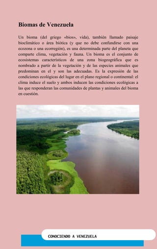 CONOCIENDO A VENEZUELA
Biomas de Venezuela
Un bioma (del griego «bios», vida), también llamado paisaje
bioclimático o área biótica (y que no debe confundirse con una
ecozona o una ecorregión), es una determinada parte del planeta que
comparte clima, vegetación y fauna. Un bioma es el conjunto de
ecosistemas característicos de una zona biogeográfica que es
nombrado a partir de la vegetación y de las especies animales que
predominan en el y son las adecuadas. Es la expresión de las
condiciones ecológicas del lugar en el plano regional o continental: el
clima induce el suelo y ambos inducen las condiciones ecológicas a
las que responderan las comunidades de plantas y animales del bioma
en cuestión.
 