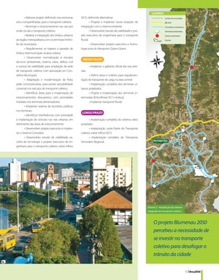 • Elaborar projeto definindo vias exclusivas   (VLT), definindo alternativas.
e/ou compartilhadas, para o transporte coletivo.                • Projetar e implantar novas estações de
        • Restringir o estacionamento nas vias por     integração com o sistema existente.
onde circula o transporte coletivo.                             • Desenvolver estudo de viabilidade e pro-
        • Realizar a integração dos ônibus urbanos     jeto executivo de engenharia para o transporte
da região metropolitana com os terminais limítro-      fluvial.
fes de municípios.                                              • Desenvolver projeto executivo e homo-
        • Regulamentar os trajetos e paradas de        logar pista do Aeroporto Quero-Quero.
ônibus intermunicipais na área urbana.
        • Desenvolver normatização e estudos
técnicos (ambientais, sistema viário, defesa civil
e outros) de viabilidade para ampliação da rede                 • Implantar o gabarito oficial das vias arte-
de transporte coletivo com aprovação em Con-           riais.
selhos Municipais.                                            • Definir áreas e critérios para regulamen-
        • Adaptação e modernização da frota,           tação do transporte de carga na área central.
pelas concessionárias, para prover acessibilidade             • Implantação completa dos terminais ur-
universal nos veículos de transporte coletivo.         banos projetados.
        • Identificar áreas para a implantação de             • Projeto e implantação dos terminais in-
estacionamentos dissuasórios com prioridades           termodais (linha férrea/ VLT e ônibus).
imediata nos terminais alimentadores.                         • Implantar transporte fluvial.
        • Implantar sistema de bicicletas públicas
nos terminais.
        • Identificar interferências com prioridade
à implantação de ciclovias nas vias urbanas, em               • Implantação completa do sistema viário
detrimento das áreas de estacionamento.                projetado.
        • Desenvolver projeto executivo e implan-             • Implantação Leste-Oeste do Transporte
tar o Sistema Cicloviário.                             coletivo sobre trilhos (VLT).
        • Desenvolver estudo de viabilidade, es-              • Implantação completa do Transporte
                                                                                                                     Rio Itajaí-Açu
colha de tecnologia e projeto executivo de en-         Ferroviário Regional.
genharia para o transporte coletivo sobre trilhos




                                                                                                                Diretriz 3 - Ampliação do sistema
                                                                                                                integrado de transporte coletivo



                                                                                                                     O projeto Blumenau 2050
                                                                                                                     percebeu a necessidade de
                                                                                                                     se investir no transporte
                                                                                                                     coletivo para desafogar o
                                                                                                                     trânsito da cidade


                                                                                                                                                    19 | Bnu2050
 