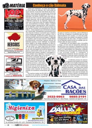 Página 26 Revista www.reportercapixaba.com
Vimos em Cachoeiro, na Casa das Rações,
um lindo filhote de dálmata. Ele, entre todas as
raças caninas, é uma das mais fáceis de se reco-
nhecer. Suas manchas numulares (em forma da
moeda) e sua ampla divulgação no filme “os 101
Dálmatas” da Disney, fizeram dele uma raça co-
nhecida em todo o mundo. Apesar disso, ela têm
origens obscuras, não se sabe exatamente onde
o dálmata poderia ter se originado. Alguns afir-
mam que a raça teria vindo da região mediterrâ-
nea, provavelmente na Grécia antiga, e existem
gravuras gregas representando cães semelhan-
tes ao dálmata, outros afirmam que as origens da
raça seriam orientais, provavelmente do norte da
Índia e , outros pensam que a Dinamarca poderia
ser o berço dela. Oficialmente é reconhecido como
uma raça da Croácia. É provável que a espécie
canina esteja aparentada com o pointer e com o
braco de bengala, atualmente extinto. Apesar das
diversas teorias acerca de sua origem, o dálmata
se espalhou pela Europa durante a Idade Média
acompanhando caravanas ciganas através da
Dalmácia (sendo o nome “dálmata” se originado
desta região) e da antiga Iugoslávia. A raça en-
trou na moda entre os aristocratas europeus como
“cão de coche” ou “coach dog”como era chama-
do. Um par de dálmatas acompanhando os cava-
los de uma carruagem era sinal de riqueza e ele-
gância, praticamente todos os que eram ricos o
suficiente para possuir cavalos e carruagens ti-
nham também seus dálmatas. É provável que a
relação entre esses cães e as carrua-
gens tenha começado desde as ca-
ravanas ciganas, acompanhadas
por eles. A moda chegou aos Es-
tados Unidos onde a raça rapi-
damente se tornou o cão masco-
te dos bombeiros americanos (na
época em que os carros de bombei-
ros eram puxados por cavalos) e per-
manece como mascote da maioria dos
quartéis de bombeiros americanos até
hoje.
Os machos medem de 55 à 60 cm
(na altura da cernelha). As fêmeas
medem entre 50 e 55 cm. O peso mé-
dio para os machos é de 25 kg, para as fêmeas é
de 22,5 kg. A espécie é conhecida pelo seu bom
relacionamento com cavalos, e, é uma das prefe-
ridas por donos que gostam de passear a cavalo
acompanhados de seus cães. O Clube America-
no do Dálmata realiza provas de aptidão que en-
volvem cães da raça e cavalos.
O dálmata é um cão alegre e ativo, brincalhão
e meigo, um bom cão de companhia, dedicado à
família e bom com crianças. É resistente e um bom
companheiro para pessoas esportivas. A raça late
pouco e é desconfiada com estranhos, podendo
ser utilizado como cão de guarda, embora não seja
a sua principal função, é inteligente e
medianamente obediente. Se bem educado, pode
aprender e executar vários comandos, sen-
do treinado como cão-guia em alguns lo-
cais.
O dálmata precisa de exercíci-
os regulares para gastar sua energia.
Seu pêlo é de simples tratamento e só
requer uma escovação regular para a re-
tirada dos mortos. A raça é considerada
bastante saudável, mas pode estar sujeita
a problemas de surdez congênita, este pro-
blema pode ser evitado com a escolha cons-
ciente do filhote e dos pais da ninhada. Os
dálmatas sempre nascem completamente
brancos, as manchas pretas ou marrons
só aparecem com o tempo.
ConheçaocãoDálmataMATÉRIJI
o..inço$ d'e couro
•-• ·ng be r
www.hercons.com.br (2B13522•8282
Rua Carlos Rebelo Silva, 2B •Santo Antiinio
Cachoeiro de ltapemirim •ES
1' EMPLACAMENTO • TRANSFERÊNCIA
RENOVAÇÃOIPVA-ETC
Rua Antônio Caetano Gonçalves, 06
Gilberto Machado
Cachoeiro de lt~ emirim • ES
TELEFAX: (28) J:»22-0142
Rações - Banho e Tosa
Medicamentos - Vacinas
Equipamentos e produtos de limpeza
(fEI)~
www.higienizaonline.com.br
Av. Ar.istides €ameos, 20 - Lj 01 - Cachoeiro de ltapemirim - ES
R~ RTERCAPIXABA
......
Acessórios para CAS A
pequenos animais ~ .M. DAS
-Consultório Veterinário
RAÇOES
3522-9963 9885-2191
Rua Carly Levy Ramos, 01 • Novo Parque • Cachoeiro de ltapemirim • ES
 