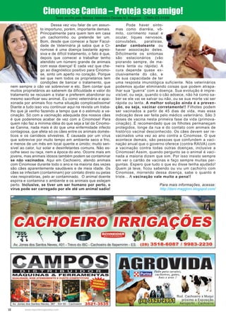 22 www.reportercapixaba.com
Dessa vez vou falar de um assun-
to importuno, porém, importante demais.
Principalmente para quem tem em casa
um cachorrinho ou pretende ter um.
Bom, desde que comecei a fazer Facul-
dade de Veterinária já sabia que a Ci-
nomose é uma doença bastante agres-
siva e de difícil tratamento, o fato é que,
depois que comecei a trabalhar tenho
atendido um número grande de animais
com essa doença! E cada vez que che-
go ao diagnóstico positivo para Cinomo-
se, sinto um aperto no coração. Porque
sei que nem todos os proprietários tem
condições de bancar o tratamento, que
nem sempre o cão vai sobreviver e etc. Sem contar que
muitos proprietários ao saberem da dificuldade e valor do
tratamento se recusam a tratar e preferem abandonar ou
mesmo sacrificar seu animal. Eu como veterinária e apai-
xonada por animais fico numa situação complicadíssima!
Diante a tudo isso vou continuar aqui na revista um traba-
lho que já venho fazendo a tempo que é o estimulo a va-
cinação. Só com a vacinação adequada dos nossos cães
é que poderemos acabar de vez com a Cinomose! Para
quem não faz a mínima idéia do que seja a tal da Cinomo-
se Canina, nada mais é do que uma enfermidade infecto
contagiosa, que afeta só os cães entre os animais domés-
ticos e os canídeos silvestres. É causada por um vírus
que sobrevive por muito tempo em ambiente seco e frio,
e menos de um mês em local quente e úmido; muito sen-
sível ao calor, luz solar e desinfetantes comuns. Não es-
colhe sexo ou raça, nem a época do ano. Ocorre mais em
jovens, mas animais idosos também podem se contaminar
se não vacinados. Aqui em Cachoeiro, atendo animais
com Cinomose durante todo o ano e na maioria das vezes
são cães aparentemente saudáveis e de meia idade. Os
cães se infectam (contaminam) por contato direto ou pelas
vias respiratórias, pelo ar contaminado. O animal doente
espirra e contamina o ambiente e os animais que estejam
perto. Inclusive, se tiver um ser humano por perto, o
vírus pode ser carregado por ele até um animal sadio!
Pode haver sinto-
mas como diarréia, vô-
mito, corrimento nasal e
ocular, tiques nervosos,
convulsões, paralisias,
andar cambaleante ou
haver associação deles.
Dificilmente os sintomas
são estacionários (vão
piorando sempre, de ma-
neira lenta ou rápida). A
cura depende quase ex-
clusivamente do cão, e
de sua capacidade de ter
uma resposta imunológica suficiente. Nós veterinários
podemos ajudar eliminando coisas que podem atrapa-
lhar sua “guerra” com a doença. Sua evolução é impre-
visível, ou seja, quando o cão adoece, não há como sa-
ber se ele vai se salvar ou não, ou se sua morte vai ser
rápida ou lenta. A melhor solução ainda é a preven-
ção, ou seja, vacinar corretamente!! Filhotes podem
ser vacinados a partir de 45 dias de vida, mas essa
indicação deve ser feita pelo médico veterinário. São 3
doses de vacina nesta primeira fase da vida (primova-
cinação). É recomendado que os filhotes permaneçam
protegidos, longe da rua e do contato com animais de
histórico vacinal desconhecido. Os cães devem ser re-
vacinados uma vez ao ano contra a Cinomose. O que
acontece demais, são pessoas que confundem a vaci-
nação anual que o governo oferece (contra RAIVA) com
a vacinação contra todas outras doenças, inclusive a
Cinomose! Assim, quando pergunto se o animal é vaci-
nada a maioria dizem que sim. Por isso insisto sempre
em ver o cartão de vacinas e faço sempre muitas per-
guntas. Espero que tudo o que eu disse tenha ajudado!
Quem já teve, ficou sabendo ou viu um cachorro com
Cinomose, morrendo dessa doença, sabe o quanto é
triste... A vacinação vale muito a pena!!
Para mais informações, acesse:
http://dani-maggioni.blogspot.com/
Cinomose Canina – Proteja seu amigo!
Texto escrito pela Médica Veterinária Daniela M. Maggioni - CRMV-ES 01595
Av. Jones dos Santos Neves, 401 - Trevo do IBC - Cachoeiro de ltapemirim - ES (28) 3518-6087 / 9983-2230
-........
Rod. Cachoeiro x Muqui
próximo a Exposição
Aeroporto - Cachoeiro
 