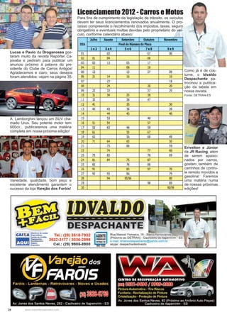 24 www.reportercapixaba.com
Para fins de cumprimento da legislação de trânsito, os veículos
devem ter seus licenciamentos renovados anualmente. O pro-
cesso compreende o recolhimento dos impostos, taxas, seguro
obrigatório e eventuais multas devidas pelo proprietário do veí-
culo, conforme calendário abaixo:
Como já é de cos-
tume, o Idvaldo
Despachante pa-
trocinou a publica-
ção da tabela em
nossa revista.
Fonte: DETRAN-ES
Licenciamento 2012 - Carros e Motos
Erivelton e Júnior
da JR Racing, além
de serem apaixo-
nados por carros,
gostam também de
carrinhos de contro-
le remoto movidos a
gasolina! Faremos
uma matéria numa
de nossas próximas
edições!
Lucas e Paulo da Droganossa gos-
taram muito da revista Repórter Ca-
pixaba e pediram para publicar um
anuncio próximo à palavra do pre-
sidente do Clube de Carros Antigos!
Agradecemos e claro, seus desejos
foram atendidos: vejam na página 35.
A Lamborghini lançou um SUV cha-
mado Urus. Seu potente motor tem
600cv... publicaremos uma matéria
completa em nossa próxima edição!
Variedade, qualidade, bom peço e
excelente atendimento garantem o
sucesso da loja Varejão dos Faróis!
Julho AQosto Setembro Outubro Novembro
DIA Finaldo Númeroda Placa
1e2 3e4 5e6 7e8 9e0
01 03 07 00
02 01 04 08
03 02 13 05 17
04 11 06 18
05 12 15 27 09
06 21 14 16 10
07 23 19
08 24 28 20
09 22 33 37 29
10 31 34 25 38
11 32 26 47
12 41 35 30
13 42 43 36 39
14 44 45 40
15 53 48
16 51 54 57
17 52 63 46 58
18 61 55 67
19 62 56 68 49
20 71 64 65 50
21 73 66 59
22 74 77 60
23 72 83 78 69
24 81 84 75 87
25 82 76 88
26 91 85 97 70
27 92 93 86 79
28 94 95/96 80
29 98 89
30 90/99
-------------
-
E2~~==- Tel.: (28) 3618-7932
::::::::.-.:. 3522-3177 / 3036-2898
!-;:::... CeL: (28) 9985-8900
AGENTE
CREDENCIADO
DETIWIIES
RG 183
Rua Manoel Fonseca, 16 - Bairro Ferroviários
(Próximo ao DETRAN) - Cachoeiro de ltapemirim - ES
0;;--ma1I tdvalvod~pachante@yahoo com br
skype: despachanteidvaldo
 