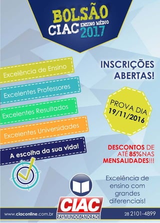 13www.reportercapixaba.com
www.ciaconline.com.br
'
INSCRIÇÕES
ABERTAS!
DESCONTOS DE
ATÉ85%NAS
MENSALIDADES!!!
Excelência de
.
ensino com
grandes
diferenciais!
28 21O1-4899
 
