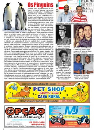 8 www.reportercapixaba.com
Existem cerca de 18 espécies de pin-
guins, a maioria vivendo nas águas
frias do Hemisfério Sul – Antártida, ilhas
Subantárticas, sul da Nova Zelândia e
sul da África do Sul. Espécies como o
pinguim das Galápagos vivem próximo
à linha do Equador. Os pinguins pos-
suem várias características físicas que
os diferenciam das outras aves, como
as asas atrofiadas, as pernas curtas e
as cores branca e preta. As membra-
nas das patas e o formato das asas
são extremamente úteis na água. Os
pinguins são, aliás, exímios nadadores,
alcançando velocidade de até 40 quilômetros por hora. Dependendo da es-
pécie, os pinguins podem medir de 40 centímetros a 1 metro de altura. A
maior espécie é o pinguim imperador, com a média de 1 metro. A menor é
o pinguim azul, com cerca de 40 centímetros. Entre os principais alimen-
tos dos pinguins estão os peixes e os crustáceos. Muitas espécies incluem
o plâncton nas suas dietas. O alimento predileto é um pequeno crustáceo
chamado krill, um parente do camarão. Quando está caçando, o pinguim im-
perador pode mergulhar a inacreditáveis 300 metros de profundidade, onde
a luz do sol é quase ausente. Os seus maiores inimigos são as orcas, as
focas – principalmente a foca-leopardo – e as skuas. Parentes das gaivotas,
as skuas costumam roubar o ninho dos pinguins e matar filhotes para se
alimentar. Pinguins são aves extremamente fieis. Eles podem passar a vida
inteira com o mesmo parceiro. Machos como os da espécie pinguim impera-
dor participam da incubação dos ovos. Assim que botam os ovos, as fêmeas
voltam para o mar para se alimentar. A função de chocá-los fica por conta
dos machos, que também cuidam dos filhotes durante o nascimento. Os
pinguins imperadores chocam os ovos no auge do inverno antártico. Para
se proteger de temperaturas que podem alcançar os 60 graus Celsius nega-
tivos, os machos se amontoam e se aquecem com a temperatura corporal
dos companheiros. A taxa de mortalidade de filhotes é altíssima (apesar dos
cuidados dos pais!). Dependendo da espécie e das circunstâncias, ela pode
variar de 40% a 80%. Os pinguins que costumam aparecer na costa brasi-
leira são normalmente da espécie pinguim de Magalhães. A diminuição das
populações de krills e o aumento da temperatura da água levou a um declí-
nio no número de pinguins na costa oeste da Antártida. A previsão é de que a
situação possa se agravar ainda mais com o aquecimento global. Em 2010,
cientistas descobriram na costa do Peru fósseis de uma espécie de pinguim
com o dobro do tamanho do pinguim imperador, a maior espécie atual.
OsPinguins
A emplacart está com promoções imperdíveis!
A equipe da mecânica
Jubileu sempre cuida
bem do seu carro!
Os irmãos gêmeos Naiane
e Mateus Scherrer come-
moraram 22 anos de idade.
Parabéns, felicidade!
Charles de Gaulle
“O talento é um título
de responsabilidade”.
Thomas Sowell
“Os programas de aju-
da podem aquecer o
coração dos ingênuos,
mas o que realmente
significam é colocar
mais poder nas mãos
dos burocratas”.
t'il1tnlJID:!D~1fl110~~Cll.'!iiEm0
opçãomaterialdeconstrucao@yahoo.com
ANTIOO VILA RICA 28 3521 1476MATERIAL DE CONSTRUÇAO •
AGORA EM NOVO ENDEREÇO/ 99956-8930
Av.Aristides Campos, 1941 a 206 (Prox. ao viaduto) - Cachoeiro - ES
Mecânica
Especializada
Pecas e
Acessorto
oro PEÇA
: [ 82K·B3Ju J
291PO US
M 4173
 