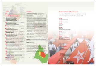 Sumário                                                       Expediente                                                                              Vereadores na história do PT em Araraquara
                                                              Araraquara: Oito Anos de Cidadania é uma publicação do Diretório
   CIDADE MODERNA                                página 4     Municipal do Partido dos Trabalhadores dirigida ao moradores de Araraquara.               Os vereadores do PT, desde 1982, tiveram uma participação destacada na construção
As obras do governo Edinho vão marcar                         PT-Araraquara: Av. D. Pedro I, 776, CEP 14801-040, Araraquara-SP                        coletiva do nosso projeto para Araraquara, que serviu de referência para a ação
                                                              Telefone: (16) 3301-5660
os próximos 20 anos de Araraquara                             Email: ptararaquara@uol.com.br                                                          transformadora do governo do prefeito Edinho Silva, no período 2001-2008.
Retirada dos trilhos: una conquista histórica
Água e saneamento para o futuro                               Comissão Executiva: André Agatte (Presidente), Vera Botta (Vice-Presidente),
Plano Diretor tornou-se referência                            Gabriel Medina (Secretário Geral), Rosimeire Aparecida Antunes da Silva (Movimentos     1983-1988
Habitação para 75% da demanda                                 Sociais), Ataíde Trevizan (Finanças), João Carlos Delbon (Formação Política), Andréa    Domingos Carnesecca Neto
                                                              Túbero Silva (Comunicação), Francisco Pinheiro Filho (Relações Institucionais),
Transporte de qualidade para todos                            Carlos Alberto Nascimento (Líder da Bancada), Ana Beatriz Rinaldi Rego (Mulheres),
                                                              Gabriela Palombo (Juventude).                                                           1989-1992
   CIDADE DEMOCRÁTICA                            página 6                                                                                             Domingos Carnesecca Neto
                                                              Diretório Municipal: Aida Matine, Alcindo Sabino, Ana Beatriz Rinaldi, Ana
Um novo modelo para a Educação                                Patrícia Ferreira da Silva, Antonio Aparecido Claro, Antonio Mortatti, Carlos Alberto   1993-1996
Compromisso com a participação popular                        Nascimento, Cleuza Sueli da Silva Moises, Everson Miguel Inforsato (Dicão), Gabriela
                                                              Palombo, Gilberto Paulillo, Gisele Rocha Côrtes, Helena Francisco da Silva, Helton      Edinho Silva
   CIDADE DEMOCRÁTICA                            página 8     Alves Galvão, Irani Batista de Souza, Manoel de Araújo Sobrinho, Márcia Lia,            Vera Botta
                                                              Reginaldo Luis Bolato, Rosangela Lorenzetti, Tadeu Alves. Suplentes: Anderson da
Saúde foi o grande desafio                                    Silva, Antonia Santos, Antonio Cláudio Gonçalves, Edio Lopes, Fernando Aparecido de
                                                              Souza, George Washington Rocha, João Batista Soares da Costa, Maria José Trintim,
                                                                                                                                                      1997-2000
   C I D A D E I N C L U S I VA                  página 9     Paulo Landim, Paulo Roberto Redondo.                                                    Edinho Silva
Atendimento às necessidades básicas                                                                                                                   Domingos Casuscelli Neto (Mingão)
                                                              Comissão de Ética: Martha Rinaldi Rego (in memorian) Idemar Jordão, Nilson
                                                              Carneiro, Odila Pinotti Velosa, Sebastião Geraldo Cardoso. Suplentes: José Carlos
   C I D A D E I N C L U S I VA                 página 10                                                                                             2001-2004
                                                              Felix, Robson Luis Godói.
Solidariedade e parceria                                                                                                                              Edmilson de Nola Sá
                                                              Conselho Fiscal: Carlos Roberto Batista de Camargo, Luiz Antonio Azevedo,               Carlos Alberto do Nascimento
   CIDADE MODERNA                               página 10     Maria Eloísa Mortatti, Rafael Simão, Tatiane Vieira dos Santos. Suplentes: Luciana      Edna Martins
                                                              Gonçalves, Luiz Michel Françoso.
Administração dinâmica e eficiente
                                                                                                                                                      Vera Botta
Mais recursos para a cidade                                   Edição e redação: Sérgio Alli e Thais Sauaya (in memorian)
                                                                                                                                                      2005-2008
   C I D A D E I N C L U S I VA                 página 11     Edição de arte: Waldemar Zaidler                                                        Carlos Alberto do Nascimento
                                                                                                                                                      Edna Martins
Cultura para todos                                            Colaboração: Alcindo Sabino, André Agatte, Andréa Túbero Silva, Danielle Aquino,        Everson Miguel Inforsato (Dicão)
                                                              Edinho Silva, Eduardo Brunelli, Elenice Ramos, Manoel de Araújo Sobrinho, Paulo
                                                              Landim, Priscila Luiz
   C I D A D E I N C L U S I VA                 página 12
Aposta vitoriosa nos esportes                                 Produção: Baleia Comunicação

   CIDADE MODERNA                               página 13     Impressão: Margraf Gráfica e Editora
Liderança no desenvolvimento sustentável
                                                              Os dados desta revista foram extraídos do Relatório de Transição publicado pela
Investimentos para as próximas décadas                        Prefeitura de Araraquara em dezembro de 2008. As fotografias desta publicação têm         O PT na Internet
                                                              como origem o acervo do PT de Araraquara e o acervo público da Prefeitura de
                                                              Araraquara, produto do trabalho dos fotógrafos: Cláudia Matos, Andréia Bissesto,
   GOVERNO EDINHO (2001-2008)                   página 14     Tete Viviani e Paulo Mantoanelli. As fotos de capa e as fotos aéreas foram realizadas     PT Araraquara
As 150 principais obras na Prefeitura de Araraquara           pela fotógrafa Kris Tavares.                                                              www.ptararaquara.org.br
                                                              Esta revista é dedicada às companheiras petistas Thais Sauaya e Martha Rinaldi            PT São Paulo
   CIDADE MODERNA                               página 20     Rego, falecidas em 23 de março e 8 de junho de 2009, respectivamente.
Pavimentação e iluminação                                                                                                                               www.pt-sp.org.br
                                                              Araraquara, julho de 2009. Distribuição gratuita.
                                                                                                                                                        Edinho Silva
   E N T R E V I S TA                      página 22
                                                                                                                                                        Twitter: www.twitter.com/edinhosilva
Edinho Silva: “Uma cidade com muito mais justiça,                                                                                                       Flickr: www.flickr.com/edinhosilva
oportunidades, participação, cidadania e qualidade de vida”
                                                                                                                                                        PT Nacional
   P T N O L E G I S L AT I V O                 página 32                                                                                               www.pt.org.br
Vereadores do PT na legislatura 2009-2012
Vereadores na história do PT em Araraquara
 