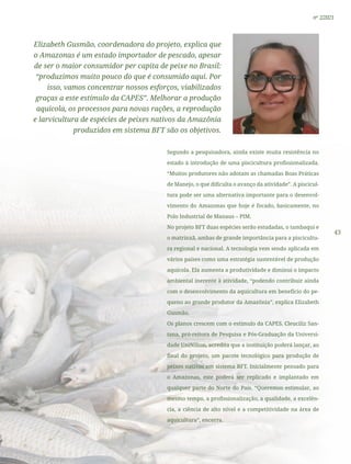 43
nº 2/2021
Elizabeth Gusmão, coordenadora do projeto, explica que
o Amazonas é um estado importador de pescado, apesar
de ser o maior consumidor per capita de peixe no Brasil:
“produzimos muito pouco do que é consumido aqui. Por
isso, vamos concentrar nossos esforços, viabilizados
graças a este estímulo da CAPES”. Melhorar a produção
aquícola, os processos para novas rações, a reprodução
e larvicultura de espécies de peixes nativos da Amazônia
produzidos em sistema BFT são os objetivos.
Segundo a pesquisadora, ainda existe muita resistência no
estado à introdução de uma piscicultura profissionalizada.
“Muitos produtores não adotam as chamadas Boas Práticas
de Manejo, o que dificulta o avanço da atividade”. A piscicul-
tura pode ser uma alternativa importante para o desenvol-
vimento do Amazonas que hoje é focado, basicamente, no
Polo Industrial de Manaus – PIM.
No projeto BFT duas espécies serão estudadas, o tambaqui e
o matrinxã, ambas de grande importância para a piscicultu-
ra regional e nacional. A tecnologia vem sendo aplicada em
vários países como uma estratégia sustentável de produção
aquícola. Ela aumenta a produtividade e diminui o impacto
ambiental inerente à atividade, “podendo contribuir ainda
com o desenvolvimento da aquicultura em benefício do pe-
queno ao grande produtor da Amazônia”, explica Elizabeth
Gusmão.
Os planos crescem com o estímulo da CAPES. Cleuciliz San-
tana, pró-reitora de Pesquisa e Pós-Graduação da Universi-
dade UniNilton, acredita que a instituição poderá lançar, ao
final do projeto, um pacote tecnológico para produção de
peixes nativos em sistema BFT. Inicialmente pensado para
o Amazonas, este poderá ser replicado e implantado em
qualquer parte do Norte do País. “Queremos estimular, ao
mesmo tempo, a profissionalização, a qualidade, a excelên-
cia, a ciência de alto nível e a competitividade na área de
aquicultura”, encerra.
 