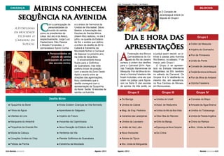 Mirins conhecem
sequência na Avenida

Foto: Divulgação / Fbcerj / Léo Ribeiro.

CRIANÇA

Foto: Divulgação / Henrique Matos.

A Estrelinha
da Mocidade
fechará o
Carnaval da
Sapucaí.

C

om a participação de
personalidades do
mundo do samba,
como os presidentes da
Liesa, da Lierj e da Aescrj,
respectivamente, Jorge Luiz
Castanheira, Déo Pessoa
e Moisés Fernandes, o
carnavalesco Sylvio Cunha
Personalidades do
mundo do samba
participaram do sorteio
das escolas mirins.
n

e o diretor de harmonia da
Unidos de Vila Isabel, Décio
Bastos, a Associação das
Escolas de Samba Mirins
(Aesm-Rio) realizou, no dia 2
julho, na quadra da Estácio
de Sá, o sorteio que definiu
a ordem de desfile de 2014.
Caberá à Estrelinha da
Mocidade fechar o Carnaval
da Sapucaí no próximo ano,
na noite de terça-feira.
O encerramento havia
ficado para a Golfinhos
da Guanabara, mas esta
preferiu trocar de posição
com a escola da Zona Oeste.
Após o acerto entre as
direções das agremiações,
ficou combinado que o
desfile começará com a
apresentação da Tijuquinha
do Borel. Serão 16 escolas de
samba na Avenida.

Desfile Mirim

BLOCOS
O Coroado de
Jacarepaguá estará na
disputa do Grupo I.
n

Dia e hora das
apresentações

A

Federação dos Blocos
Carnavalescos do Estado do Rio de Janeiro
sorteou a ordem dos desfiles
para o Carnaval 2014. Apenas Tradição Barreirense de
Mesquita, Flor da Mina do Andaraí e Vizinha Faladeira não
foram incluídas, uma vez que
lutam na justiça para figurarem na Série D das escolas
de samba. As três serão, se

a justiça assim decidir, as últimas a passar pela Avenida
Rio Branco, no sábado, 1º de
março, pelo Grupo I.
O Grupo II se apresentará na Estrada Intendente
Magalhães, às 20h, também
no sábado de Carnaval. Os
Grupos III e IV desfilarão no
mesmo dia, em sequência,
na Rua Cardoso de Moraes,
em Bonsucesso.

Grupo II

n

Colibri de Mesquita

n

Império do Gramacho

n

Flor da Primavera

n

União da Ponte

n Coroado de Jacarepaguá
n

Tradição Barreirense de Mesquita

n

Flor da Mina do Andaraí

n

Vizinha Faladeira

Grupo III

n

Do Barriga

n

n

Unidos do Cabral

n Acad.

n

Unidos do Uraiti

Mag. de Eng. Pedreira

n

Grupo IV
n

Cometas do Bispo

n

Amizade da Água Branca

Unidos do Alto da Boa Vista

n

Unidos do Tubiacanga

n

Tijuquinha do Borel

n Ainda

n

Filhos da Águia

n Aprendizes

n

Infantes do Lins

n

Império do Futuro

n

Canários das Laranjeiras

n

Oba-Oba do Recreio

n Unidos de Parada Angélica

n

Mangueira do Amanhã

n

Inocentes da Caprichosos

n

Unidos da Laureano

n

Grilo de Bangu

n

Chora na Rampa

n

Pimpolhos da Grande Rio

n

Nova Geração do Estácio de Sá

n

União de Vaz Lobo

n Esperança de Nova Campina

n

Moc. Unida da Mineira

n

Miúda da Cabuçu

n

Herdeiros da Vila

n

Novo Horizonte

n

n

Corações Unidos do Ciep

n

Planeta Golfinhos da Guanabara

n

Raízes da Tijuca

n

Petizes da Penha

n

Estrelinha da Mocidade

n

Moc. Unida de Manguariba

22 l Revista Carnaval

Existem Crianças de Vila Kennedy

Grupo I

do Salgueiro

Agosto / 2013

Agosto / 2013

de Madureira

Do China

Revista Carnaval l 23

 