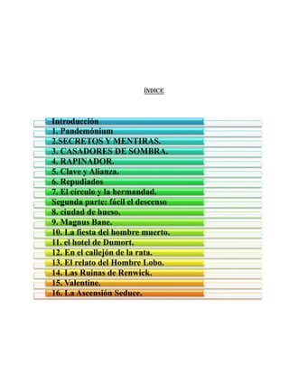 índice
Introducción
1. Pandemónium
2.SECRETOS Y MENTIRAS.
3. CASADORES DE SOMBRA.
4. RAPINADOR.
5. Clave y Alianza.
6. Repudiados
7. El círculo y la hermandad.
Segunda parte: fácil el descenso
8. ciudad de hueso.
9. Magnus Bane.
10. La fiesta del hombre muerto.
11. el hotel de Dumort.
12. En el callejón de la rata.
13. El relato del Hombre Lobo.
14. Las Ruinas de Renwick.
15. Valentine.
16. La Ascensión Seduce.
 