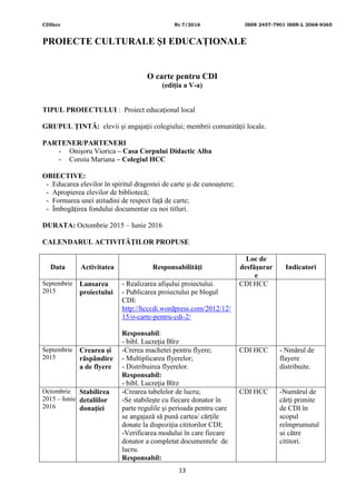 CDIhcc Nr.7/2016 ISSN 2457-7901 ISSN-L 2068-9365
13
PROIECTE CULTURALE ȘI EDUCAȚIONALE
O carte pentru CDI
(ediția a V-a)
TIPUL PROIECTULUI : Proiect educaţional local
GRUPUL ŢINTĂ: elevii şi angajaţii colegiului; membrii comunităţii locale.
PARTENER/PARTENERI
- Onișoru Viorica – Casa Corpului Didactic Alba
- Coroiu Mariana – Colegiul HCC
OBIECTIVE:
- Educarea elevilor în spiritul dragostei de carte şi de cunoaştere;
- Apropierea elevilor de bibliotecă;
- Formarea unei atitudini de respect faţă de carte;
- Îmbogăţirea fondului documentar cu noi titluri.
DURATA: Octombrie 2015 – Iunie 2016
CALENDARUL ACTIVITĂŢILOR PROPUSE
Data Activitatea Responsabilităţi
Loc de
desfăşurar
e
Indicatori
Septembrie
2015
Lansarea
proiectului
- Realizarea afişului proiectului.
- Publicarea proiectului pe blogul
CDI:
http://hcccdi.wordpress.com/2012/12/
15/o-carte-pentru-cdi-2/
Responsabil:
- bibl. Lucreţia Bîrz
CDI HCC
Septembrie
2015
Crearea şi
răspândire
a de flyere
-Crerea machetei pentru flyere;
- Multiplicarea flyerelor;
- Distribuirea flyerelor.
Responsabil:
- bibl. Lucreţia Bîrz
CDI HCC - Nmărul de
flayere
distribuite.
Octombrie
2015 – Iunie
2016
Stabilirea
detaliilor
donaţiei
-Crearea tabelelor de lucru;
-Se stabileşte cu fiecare donator în
parte regulile şi perioada pentru care
se angajază să pună cartea/ cărţile
donate la dispoziţia cititorilor CDI;
-Verificarea modului în care fiecare
donator a completat documentele de
lucru.
Responsabil:
CDI HCC -Numărul de
cărţi primite
de CDI în
scopul
reîmprumutul
ui către
cititori.
 