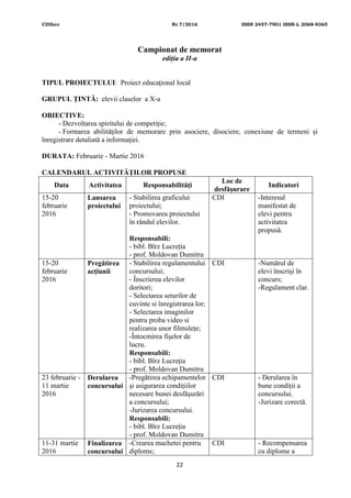 CDIhcc Nr.7/2016 ISSN 2457-7901 ISSN-L 2068-9365
22
Campionat de memorat
ediția a II-a
TIPUL PROIECTULUI: Proiect educaţional local
GRUPUL ŢINTĂ: elevii claselor a X-a
OBIECTIVE:
- Dezvoltarea spiritului de competiție;
- Formarea abilităţilor de memorare prin asociere, disociere, conexiune de termeni și
înregistrare detaliată a informaţiei.
DURATA: Februarie - Martie 2016
CALENDARUL ACTIVITĂŢILOR PROPUSE
Data Activitatea Responsabilităţi
Loc de
desfăşurare
Indicatori
15-20
februarie
2016
Lansarea
proiectului
- Stabilirea graficului
proiectului;
- Promovarea proiectului
în rândul elevilor.
Responsabili:
- bibl. Bîrz Lucreția
- prof. Moldovan Dumitru
CDI -Interesul
manifestat de
elevi pentru
activitatea
propusă.
15-20
februarie
2016
Pregătirea
acțiunii
- Stabilirea regulamentului
concursului;
- Înscrierea elevilor
doritori;
- Selectarea seturilor de
cuvinte si înregistrarea lor;
- Selectarea imaginilor
pentru proba video si
realizarea unor filmulețe;
-Întocmirea fișelor de
lucru.
Responsabili:
- bibl. Bîrz Lucreția
- prof. Moldovan Dumitru
CDI -Numărul de
elevi înscriși în
concurs;
-Regulament clar.
23 februarie -
11 martie
2016
Derularea
concursului
-Pregătirea echipamentelor
și asigurarea condițiilor
necesare bunei desfășurări
a concursului;
-Jurizarea concursului.
Responsabili:
- bibl. Bîrz Lucreția
- prof. Moldovan Dumitru
CDI - Derularea în
bune condiții a
concursului.
-Jurizare corectă.
11-31 martie
2016
Finalizarea
concursului
-Crearea machetei pentru
diplome;
CDI - Recompensarea
cu diplome a
 