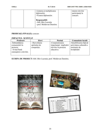 CDIhcc Nr.7/2016 ISSN 2457-7901 ISSN-L 2068-9365
23
-Listarea și multiplicarea
diplomelor.
-Vizarea diplomelor.
Responsabili:
- bibl. Bîrz Lucreția
- prof. Moldovan Dumitru
tuturor elevilor
participanți la
concurs.
PRODUS(E) FINAL(E): concurs
IMPACTUL SCONTAT
Profesori Elevi Parinţi Comunitate locală
-Îmbunătăţirea
comunicării în
proiecte.
- O mai bună
cunoaştere a elevilor.
- Dezvoltarea
spiritului de
competiție.
-Conştientizarea
importanţei implicării
elevilor în proiecte
educative.
-Sensibilizarea faţă de
activitatea culturală a
instituţiei de
învățământ
ECHIPA DE PROIECT: bibl. Bîrz Lucreția; prof. Moldovan Dumitru.
 