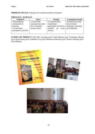 CDIhcc Nr.7/2016 ISSN 2457-7901 ISSN-L 2068-9365
27
PRODUSE FINALE: dialogul elevi-scriitor-profesori; fotografii.
IMPACTUL SCONTAT
Profesori Elevi Parinţi Comunitate locală
-Îmbunătăţirea
comunicării în
proiecte;
- O mai bună
cunoaştere a elevilor.
- O mai bună
cunoaștere de către
elevi a tinerilor
creatori locali.
-Conştientizarea
importanţei
participării elevilor la
întâlniri pe teme
literare.
-Sensibilizarea faţă
de activitatea
culturală a instituţiei
de învățământ.
ECHIPA DE PROIECT: bibl. Bîrz Lucreția; prof. Cerbu Mioara; prof. Corodeanu Ileana;
prof. Goția Ioana; prof. Lodoabă Liviu; prof. Moldovan Dumitru; prof. Rotche Andreea; prof.
Zisu Mihaela.
 